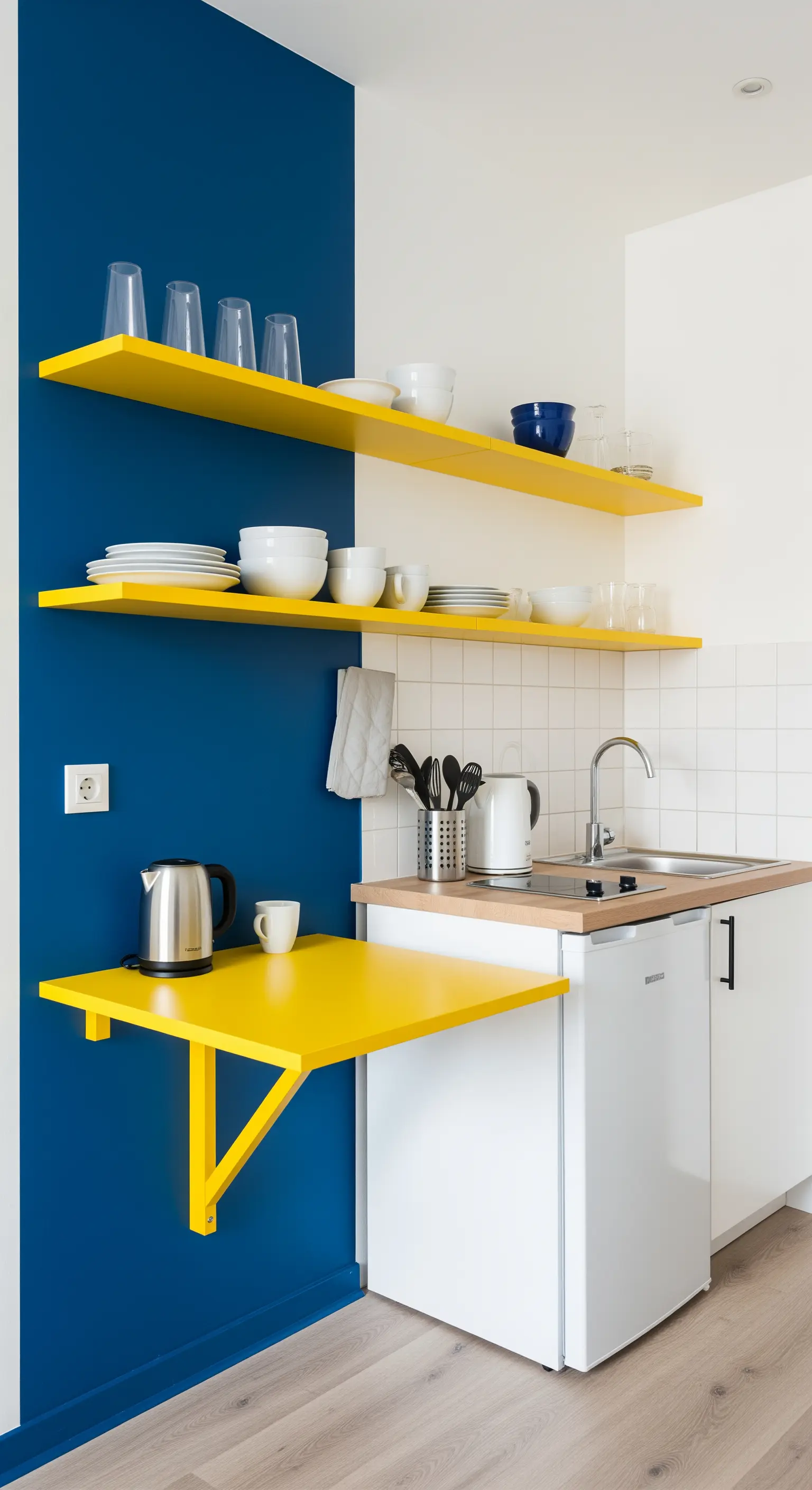 Angolo cottura definito da una parete blu e mensole e tavolo a ribalta di colore giallo acceso.