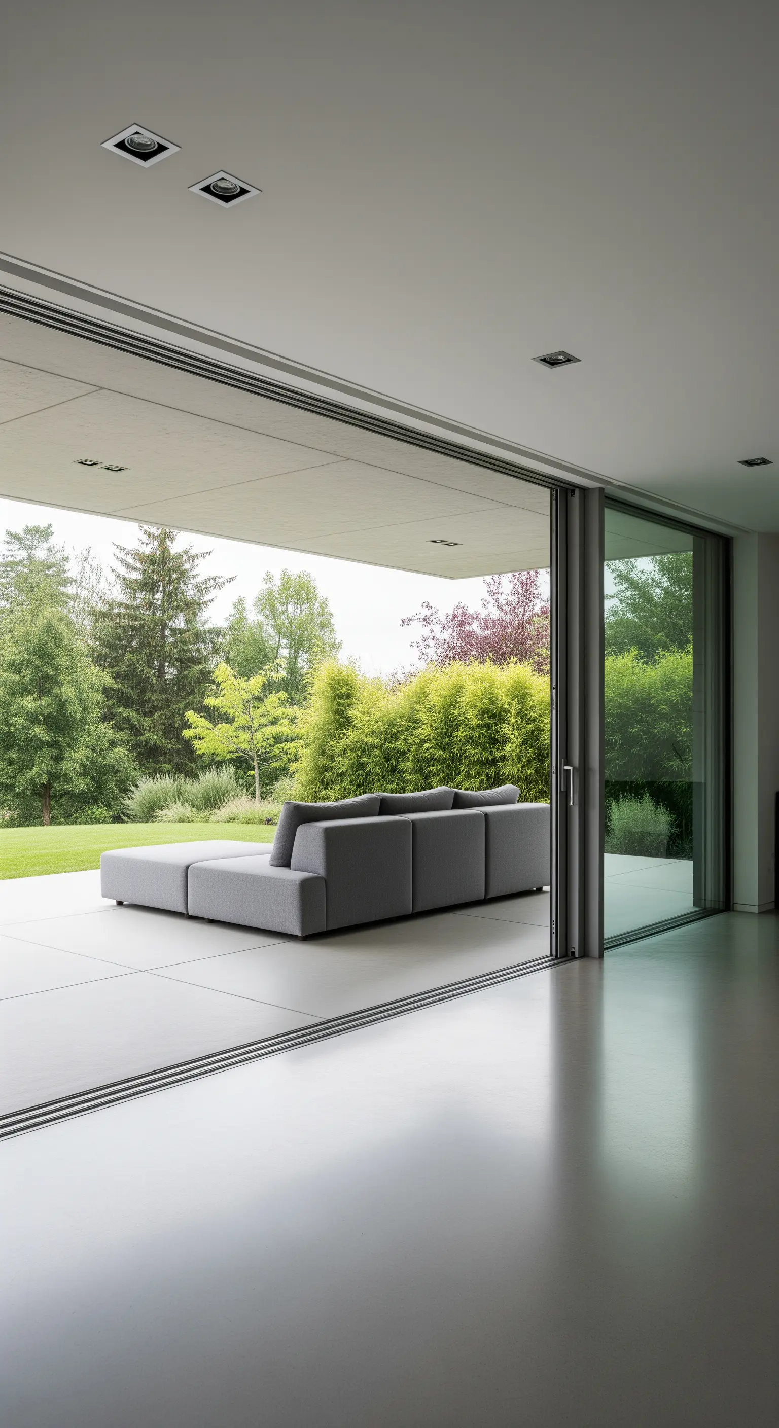 Portico moderno con grandi vetrate scorrevoli che si aprono su un divano grigio all'esterno