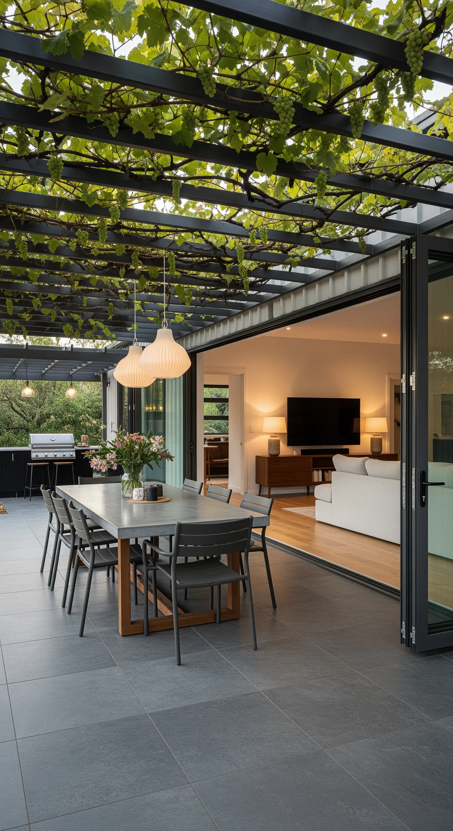 Veranda moderna con tavolo in cemento che si affaccia su un soggiorno con porte a libro aperte