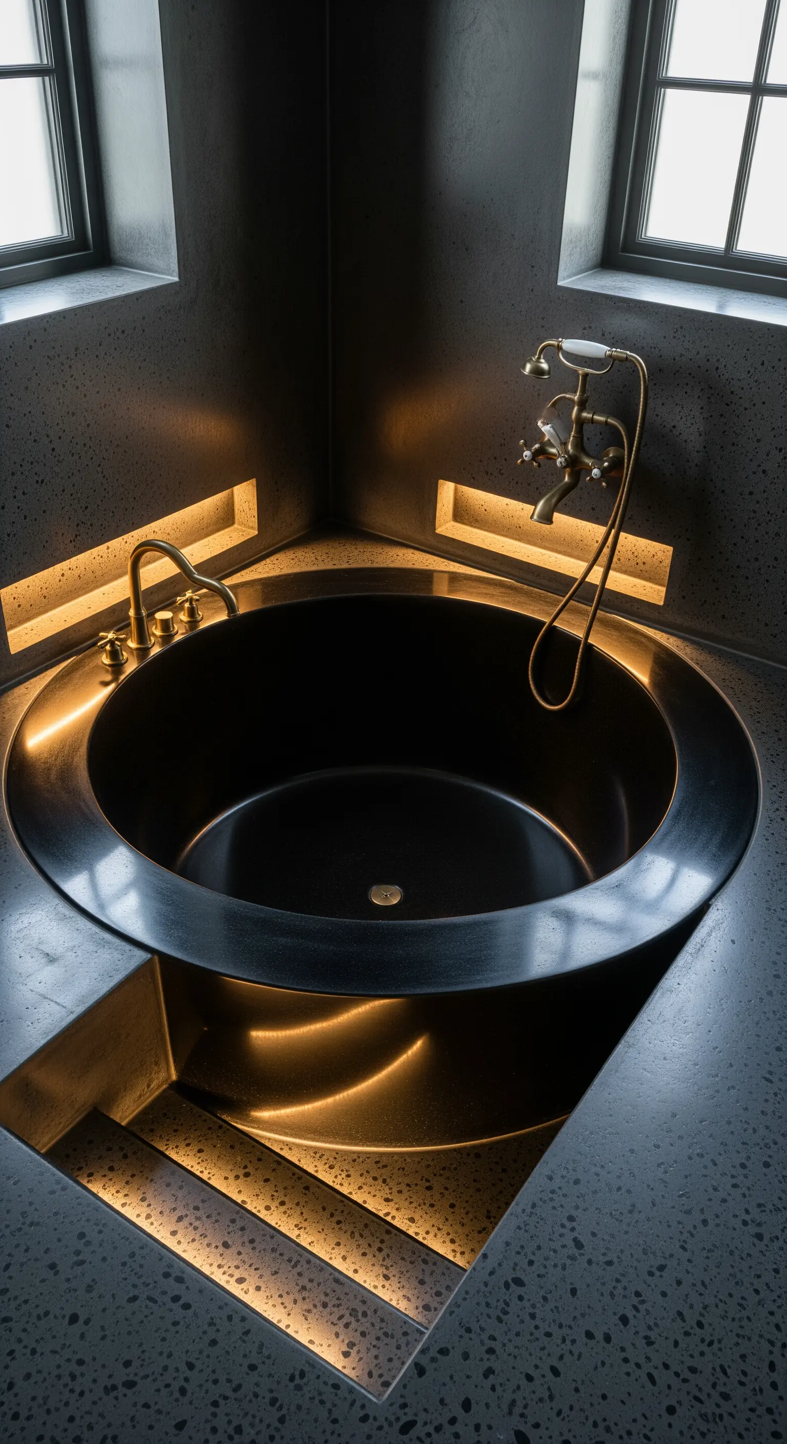 Vasca angolare nera in terrazzo con illuminazione a LED integrata e rubinetto in ottone.