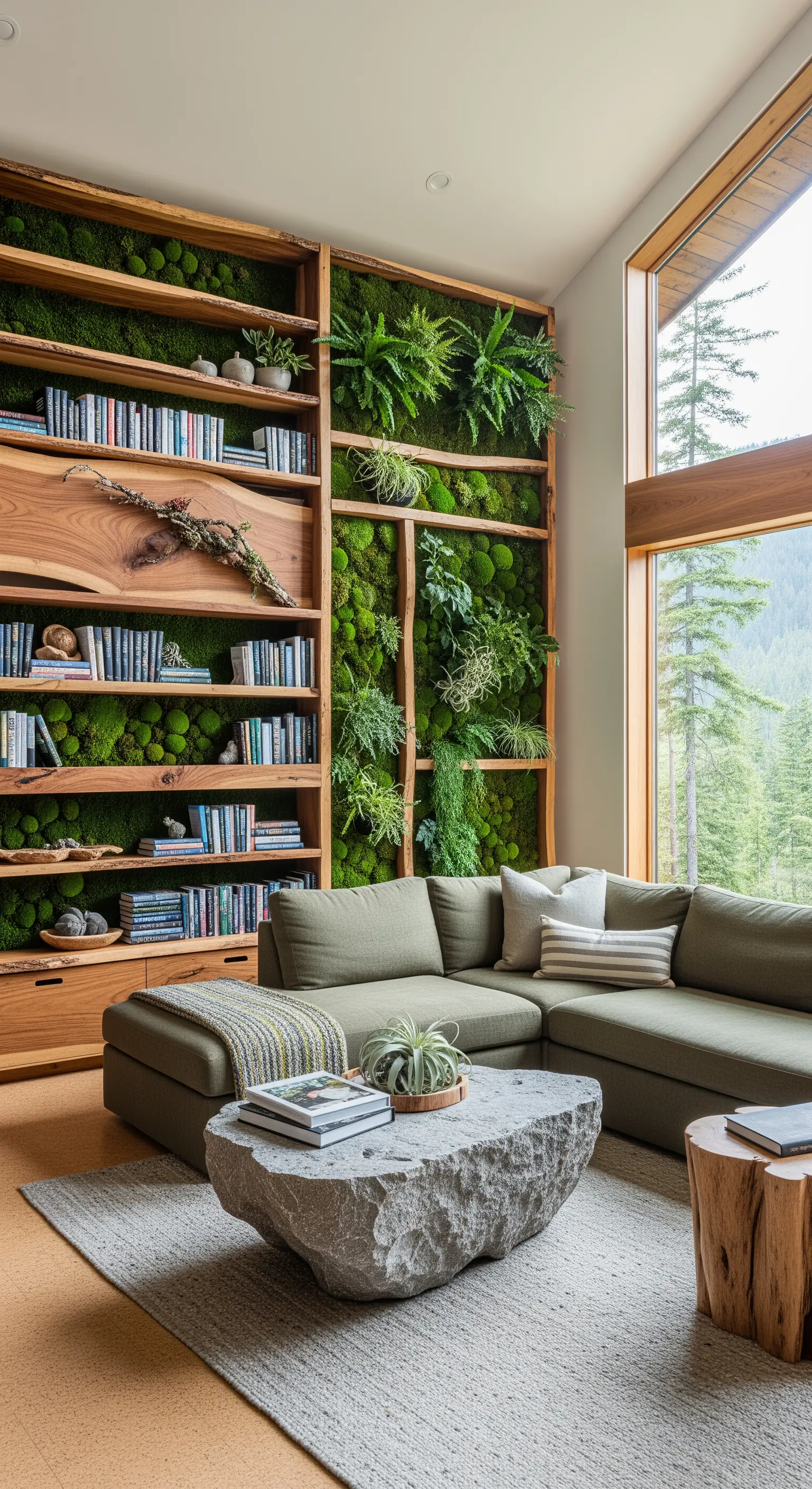 Libreria in legno con parete verde verticale integrata e un tavolino in pietra.