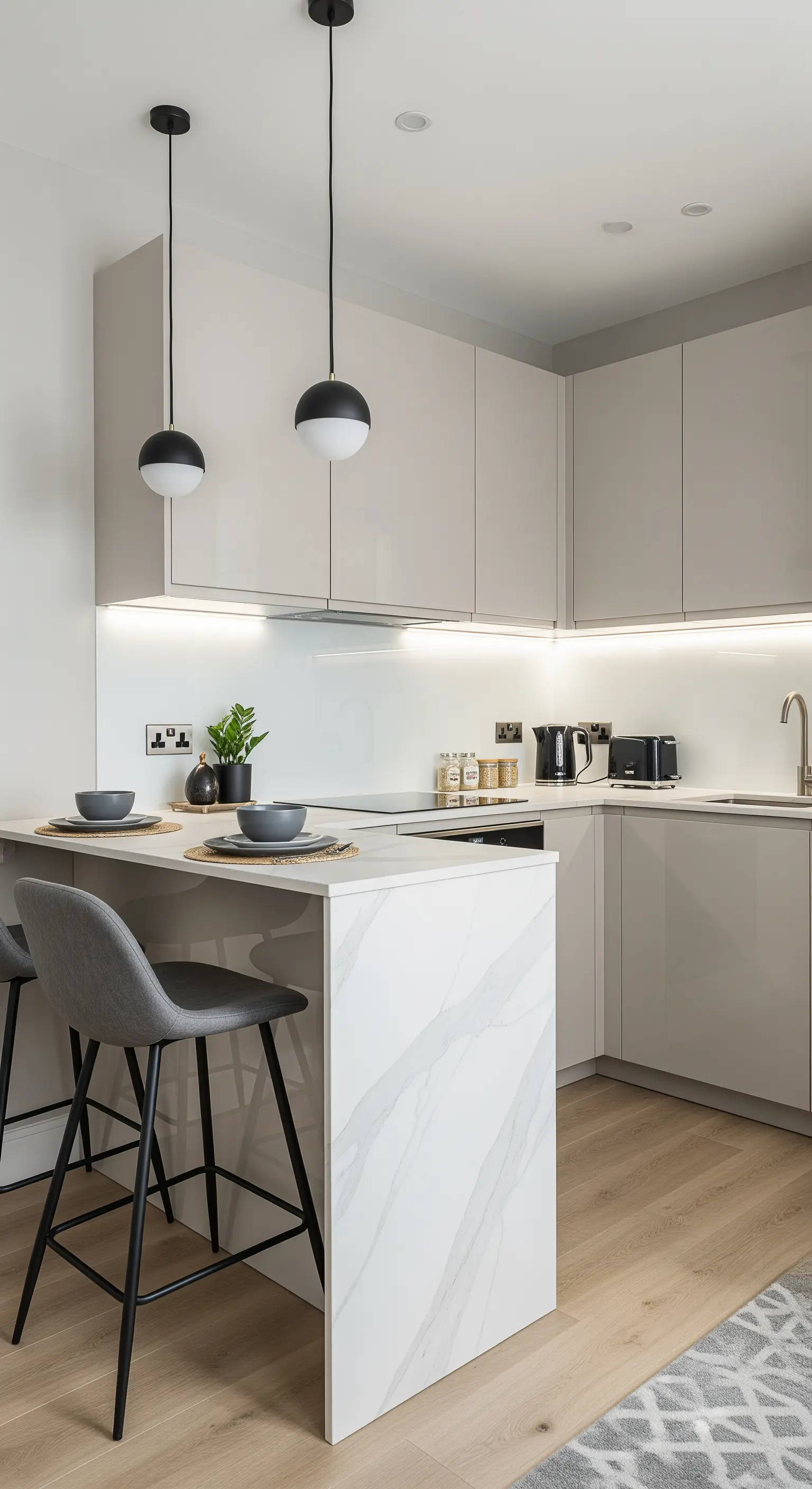 Piccola cucina a L con penisola in marmo e due piccole sospensioni sferiche nere.