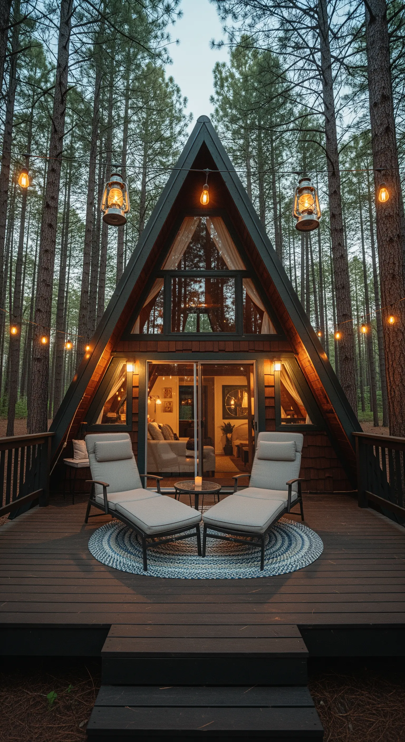 Terrazza di una baita A-frame nel bosco con lettini di design e fili di luci calde