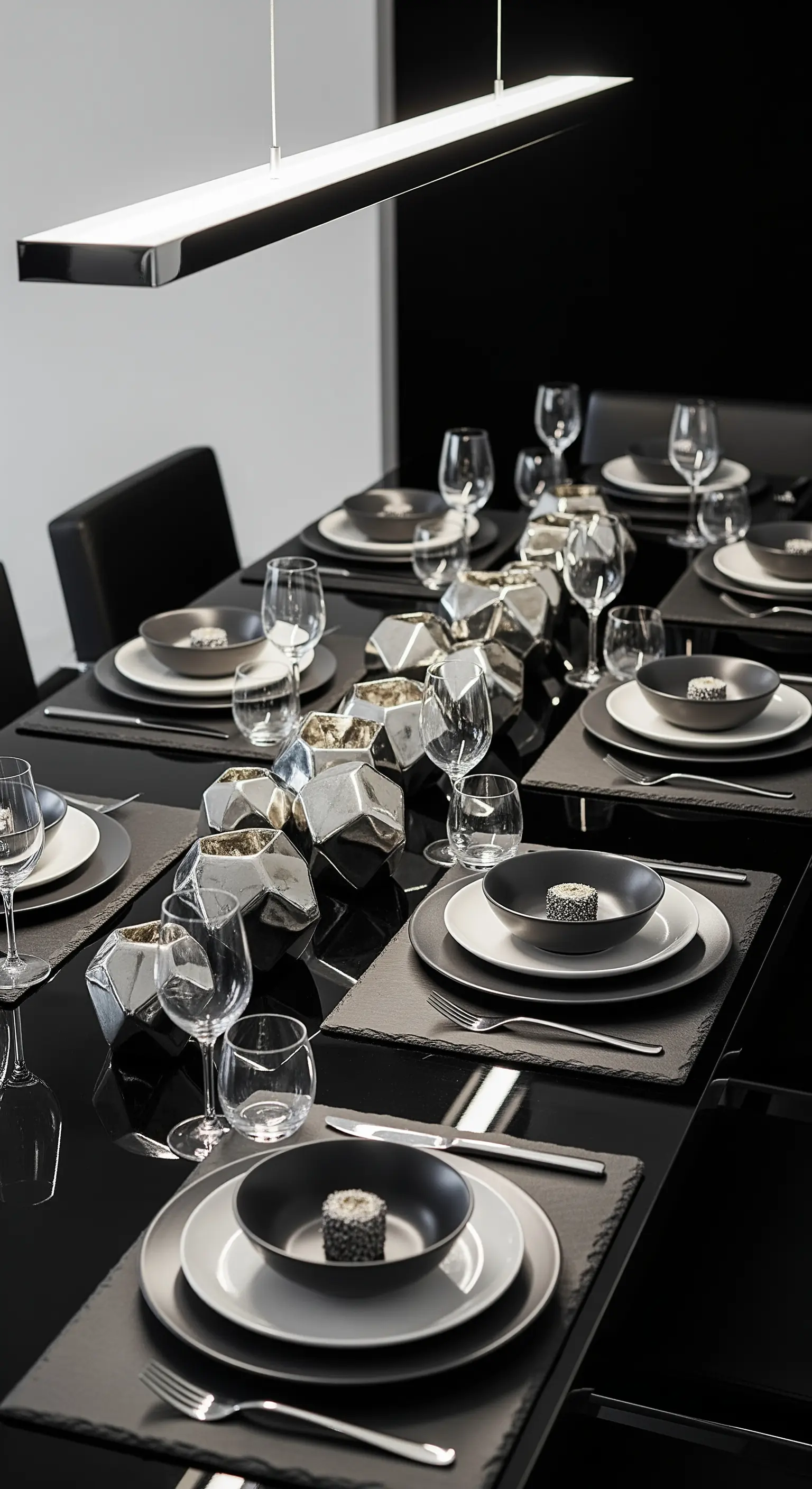 Tavola da pranzo moderna con centrotavola geometrico argentato e tovagliette in ardesia.