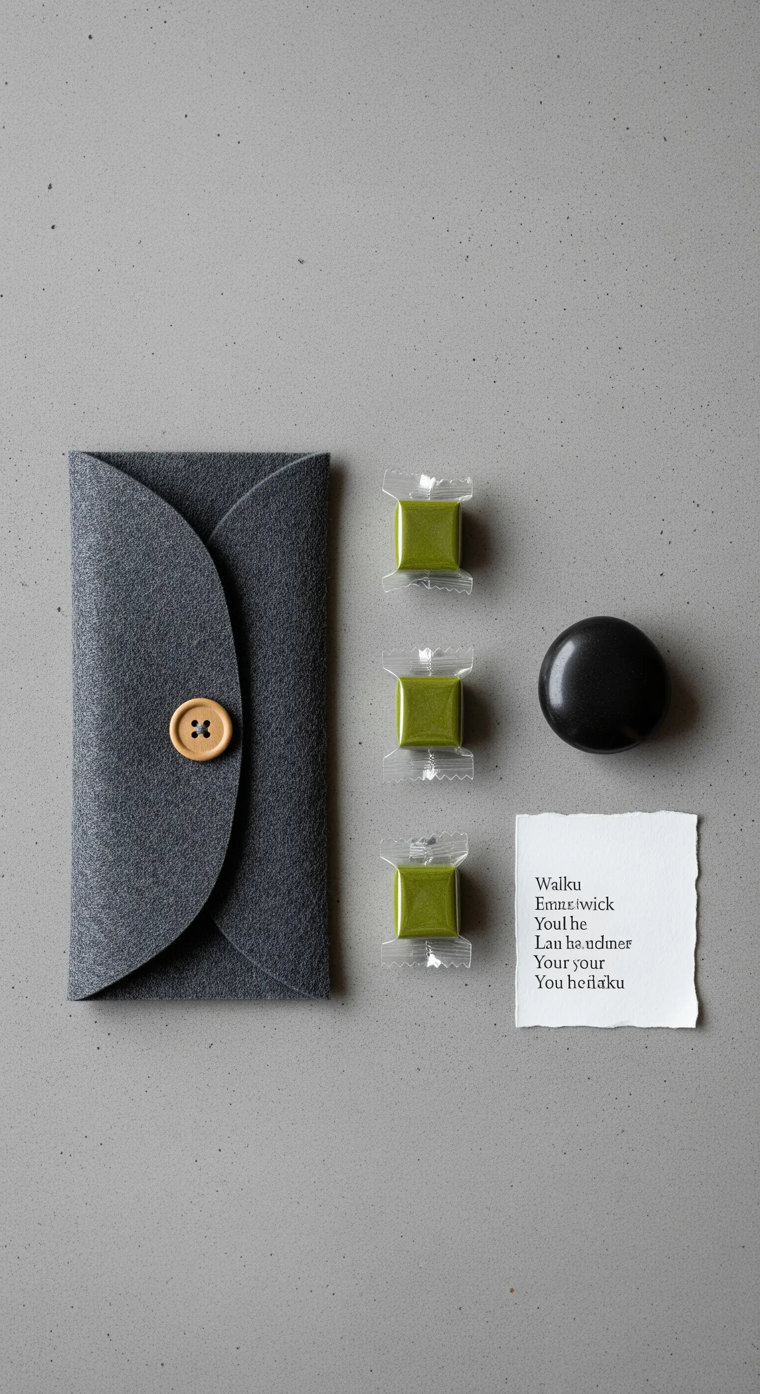 Busta minimalista in feltro grigio con caramelle verdi e una pietra nera su sfondo neutro.