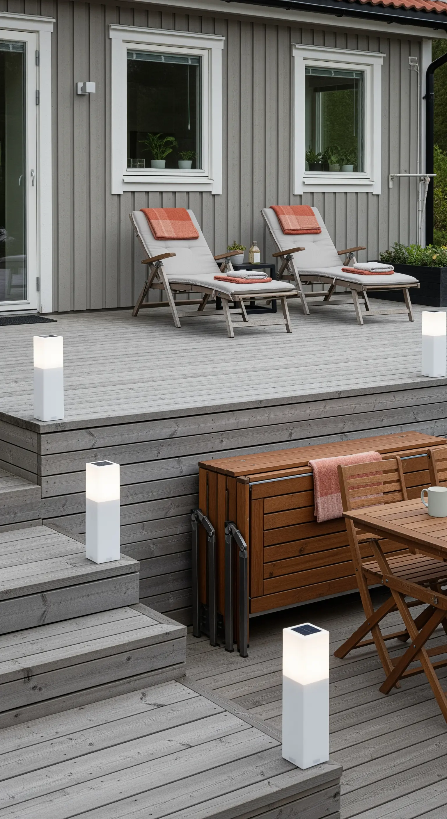 Terrazza in legno a più livelli con sdraio, tavolo pieghevole e lampade solari minimaliste.