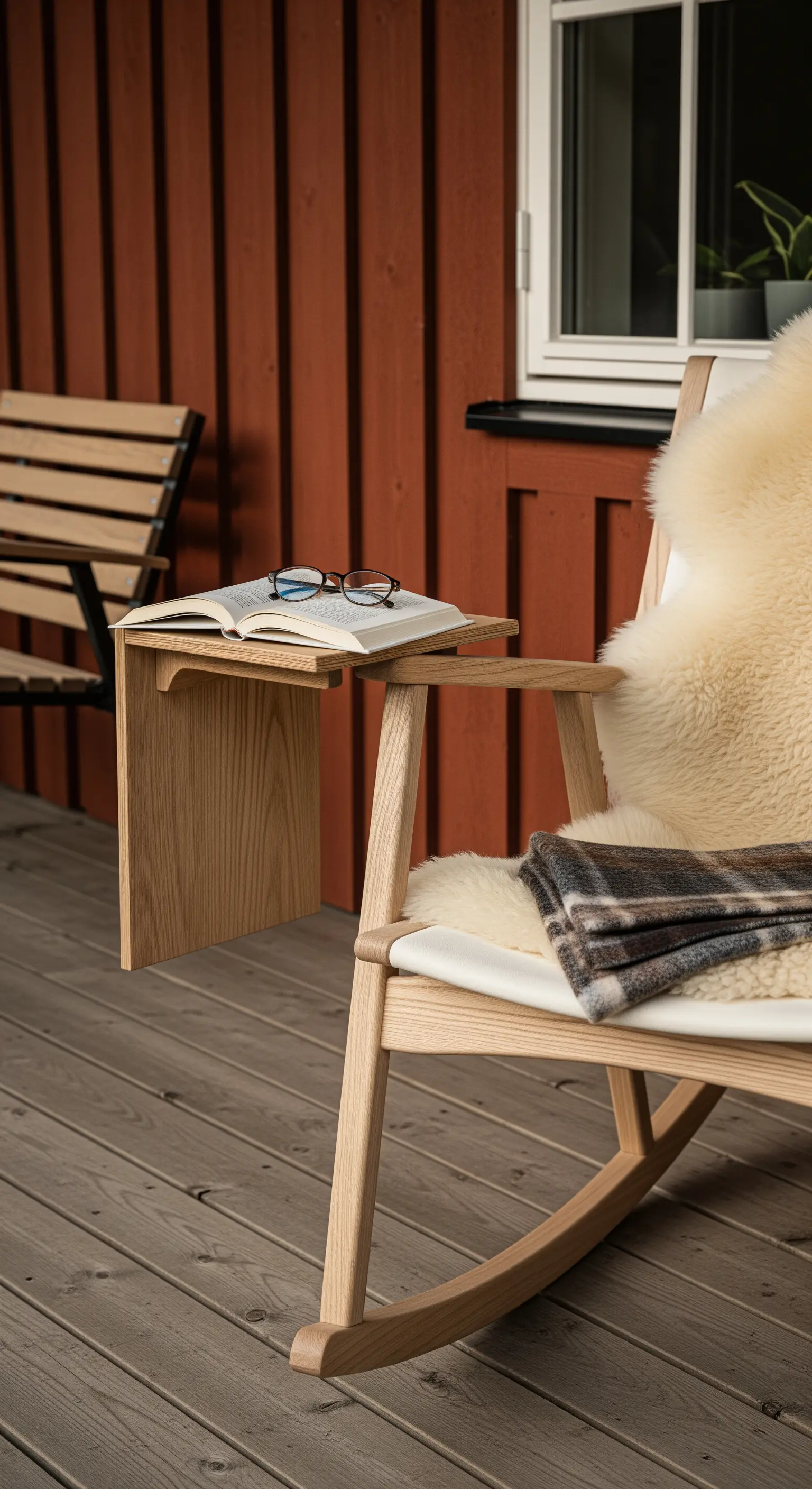 Sedia a dondolo in legno chiaro con pelle di pecora e un ripiano laterale per un libro