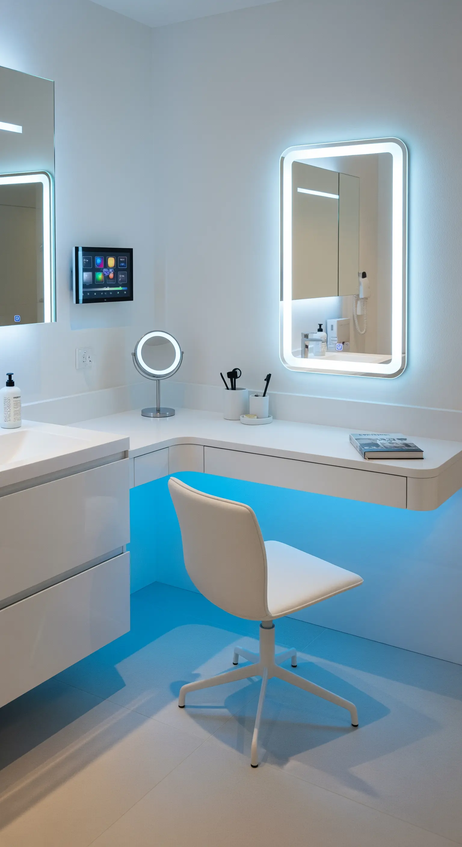 Postazione beauty bianca con illuminazione LED blu e sedia girevole.