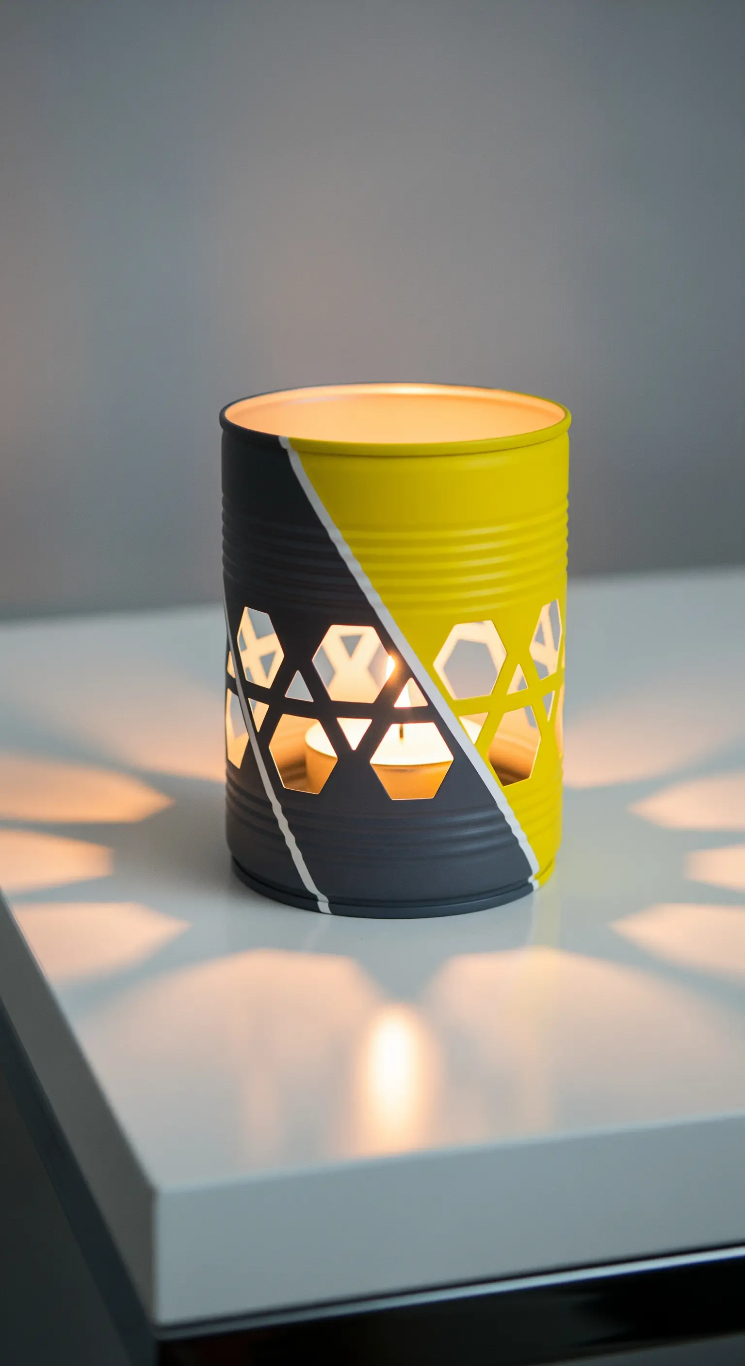 Portacandela in latta dipinto a metà in giallo e grigio, con trafori a esagono.