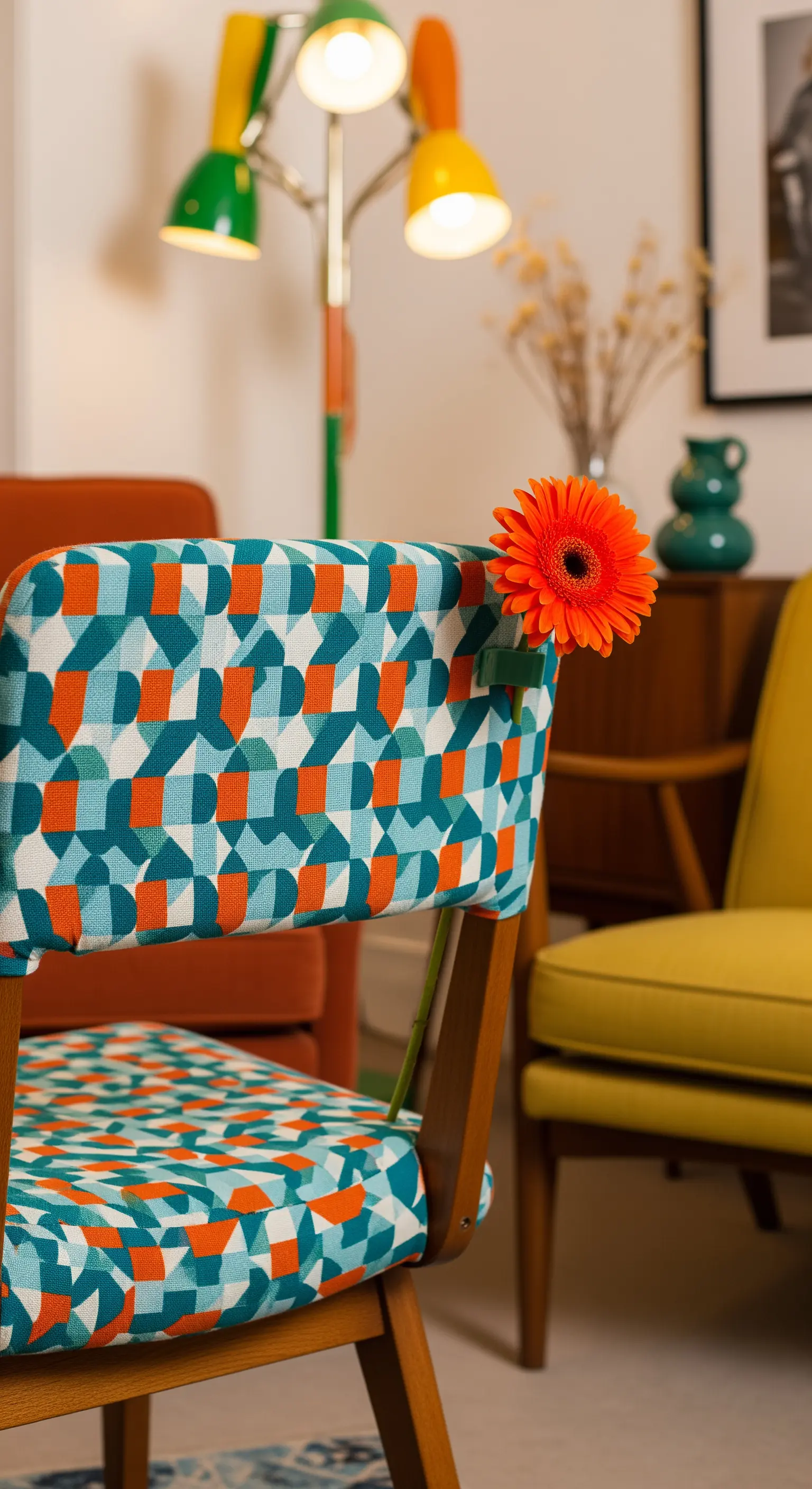 Sedia con rivestimento a motivi geometrici su cui è appuntato un singolo fiore di gerbera arancione.