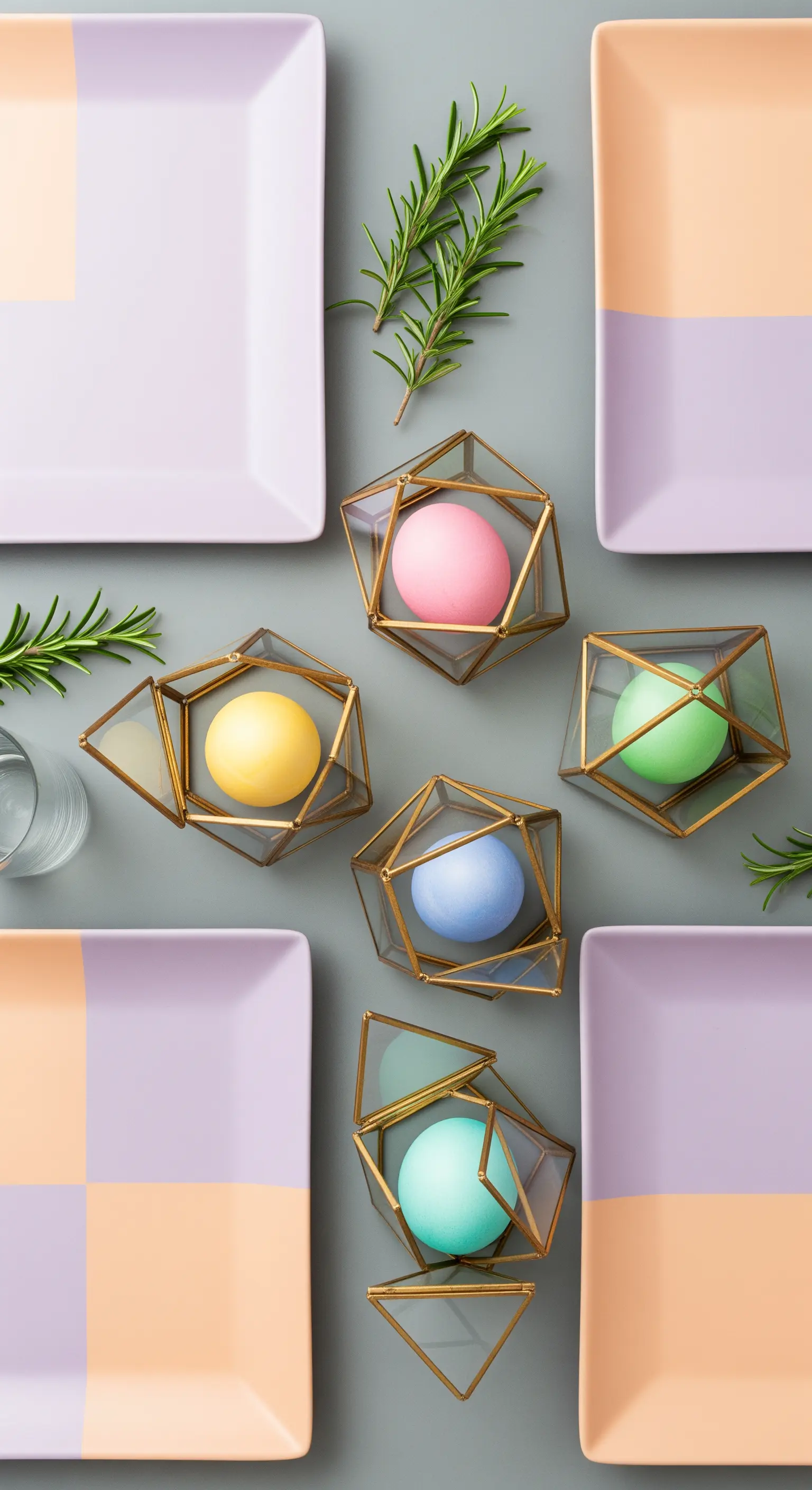 Tavola di Pasqua moderna con piatti quadrati color-block e uova in terrari geometrici.