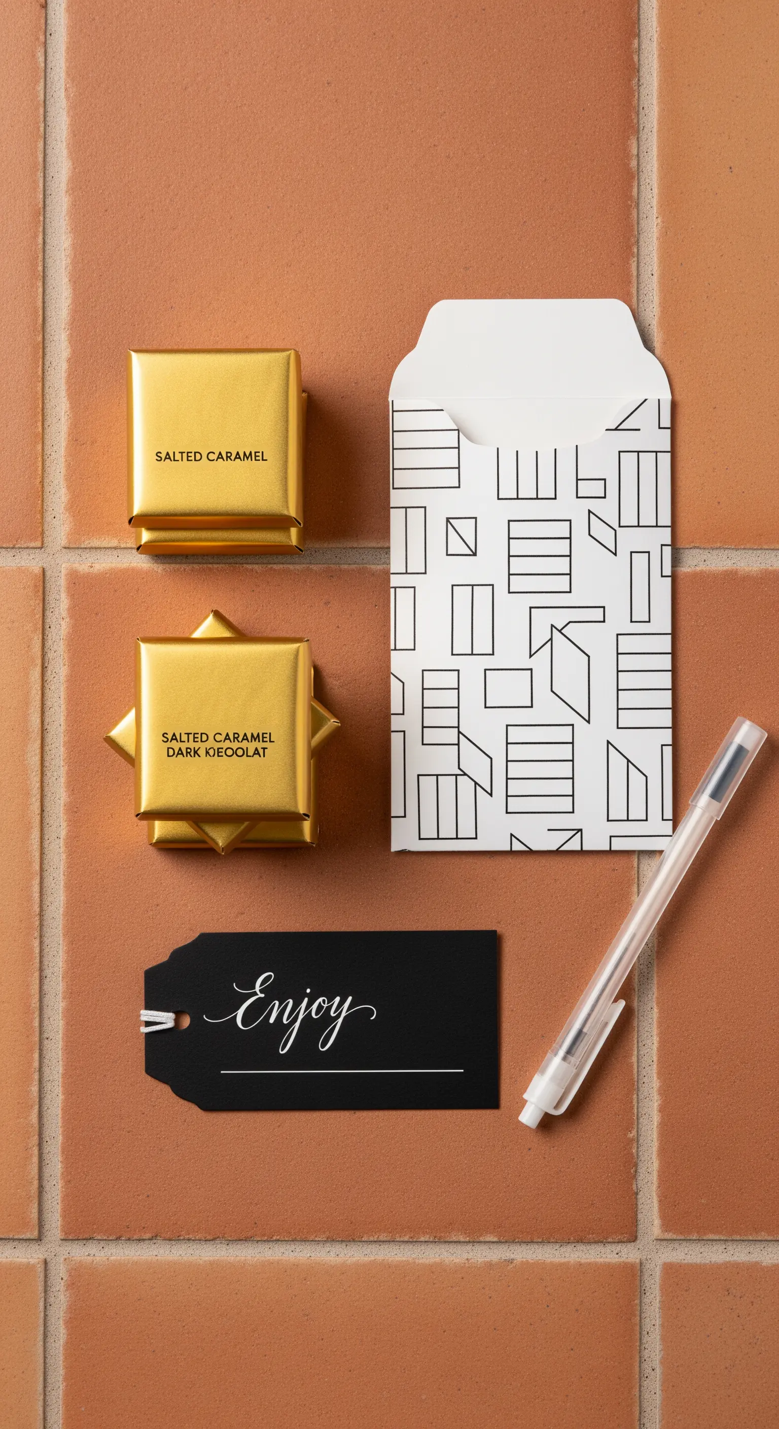 Cioccolatini incartati in oro accanto a una busta con motivi geometrici e un'etichetta nera.