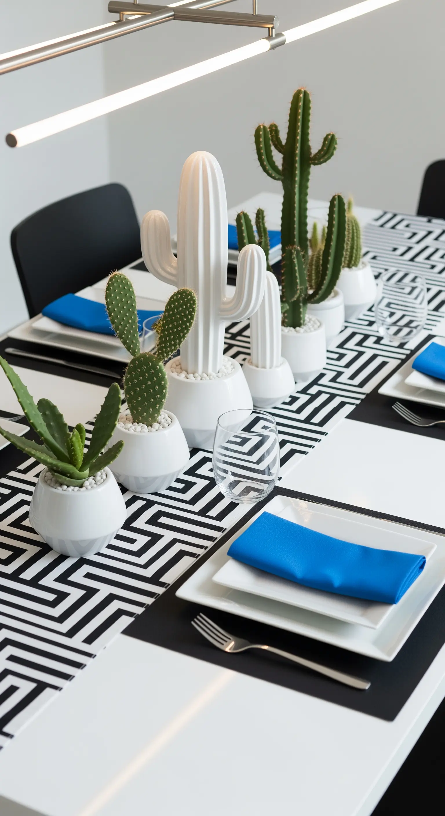Tavola moderna con runner geometrico bianco e nero e cactus di ceramica.