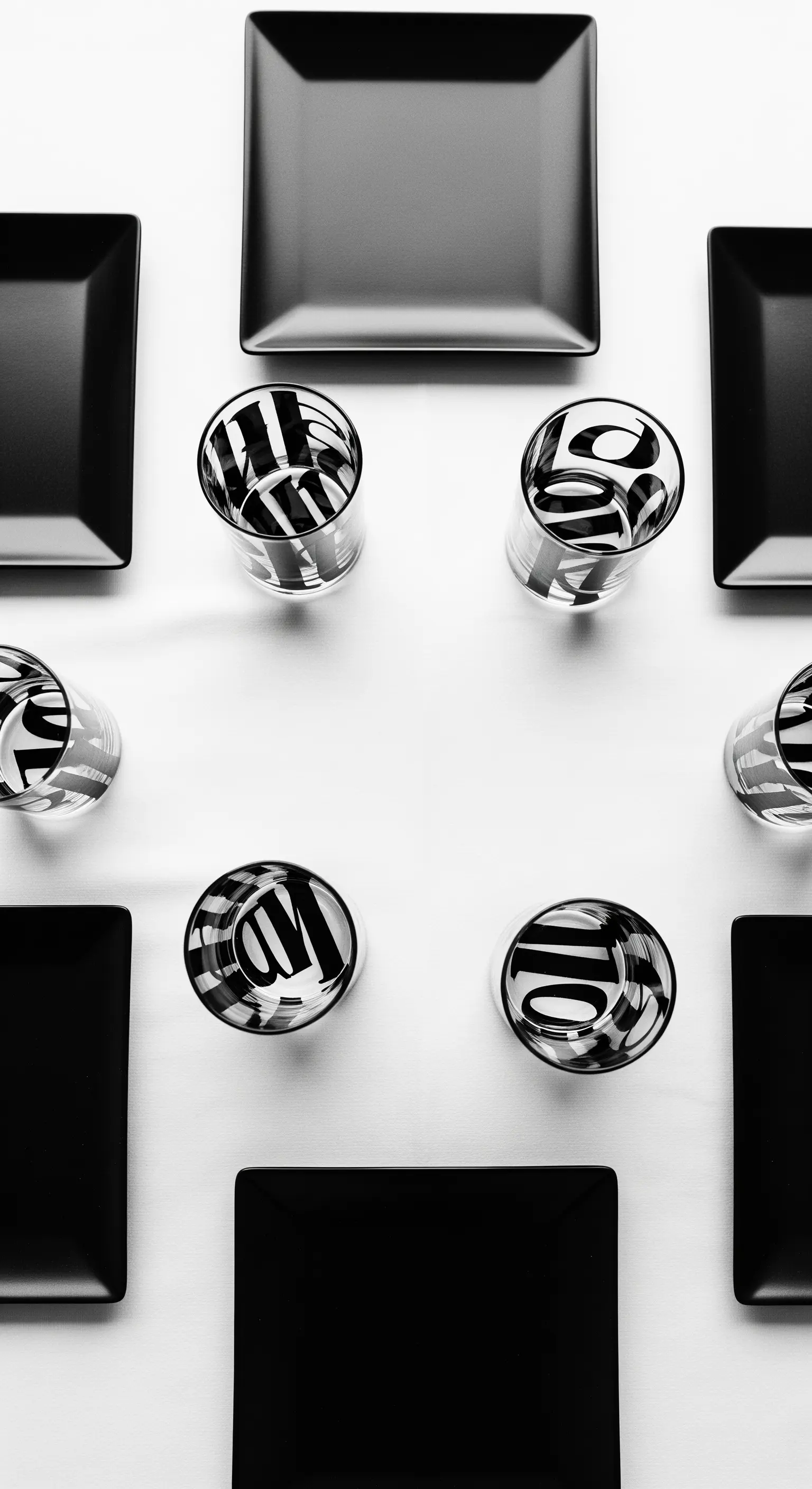 Composizione grafica in bianco e nero con piatti quadrati neri e bicchieri con lettere