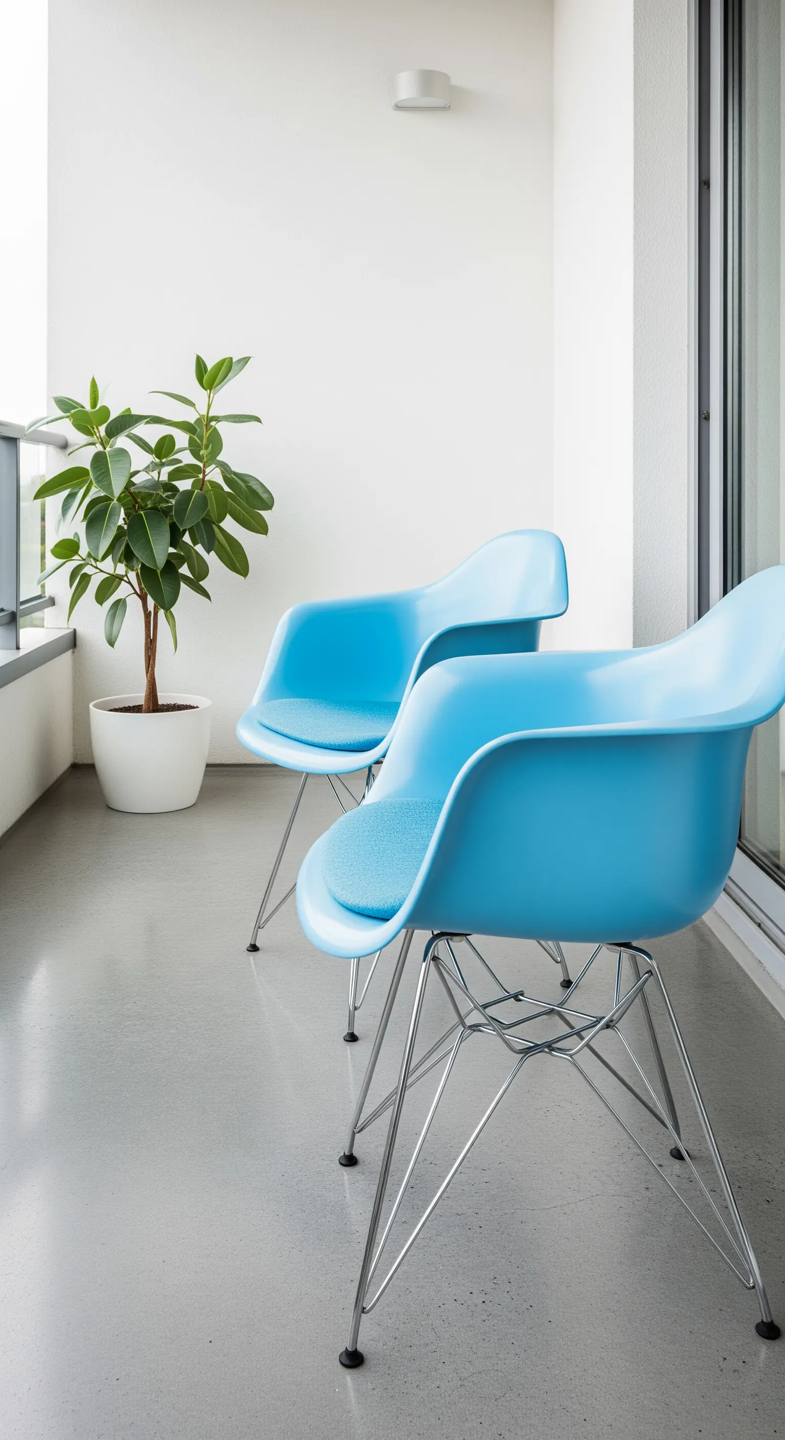 Due sedie di design azzurro polvere su un balcone minimalista con pavimento in resina.
