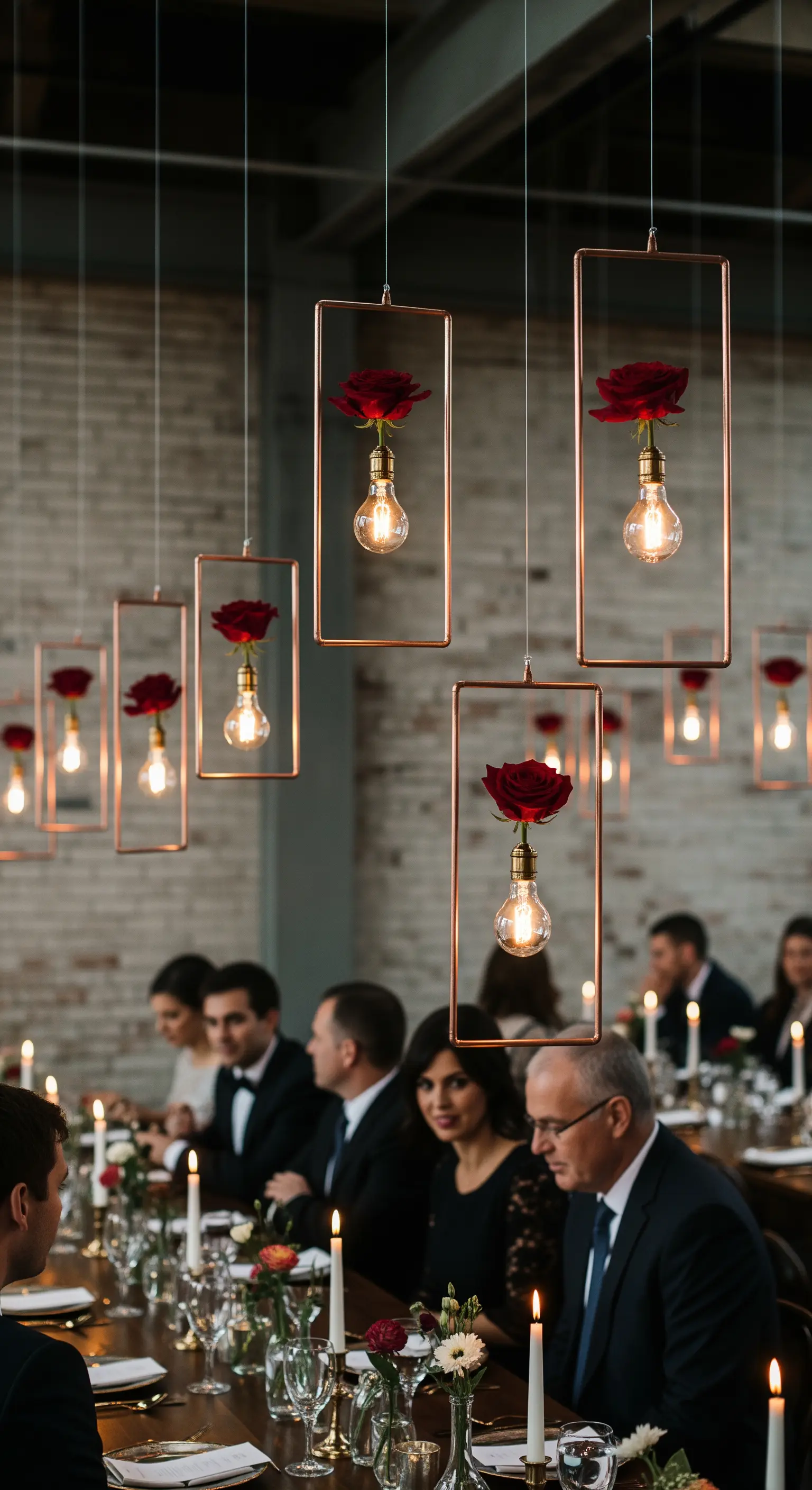 Cornici rettangolari in rame con una rosa rossa e una lampadina sospese in un locale industriale.