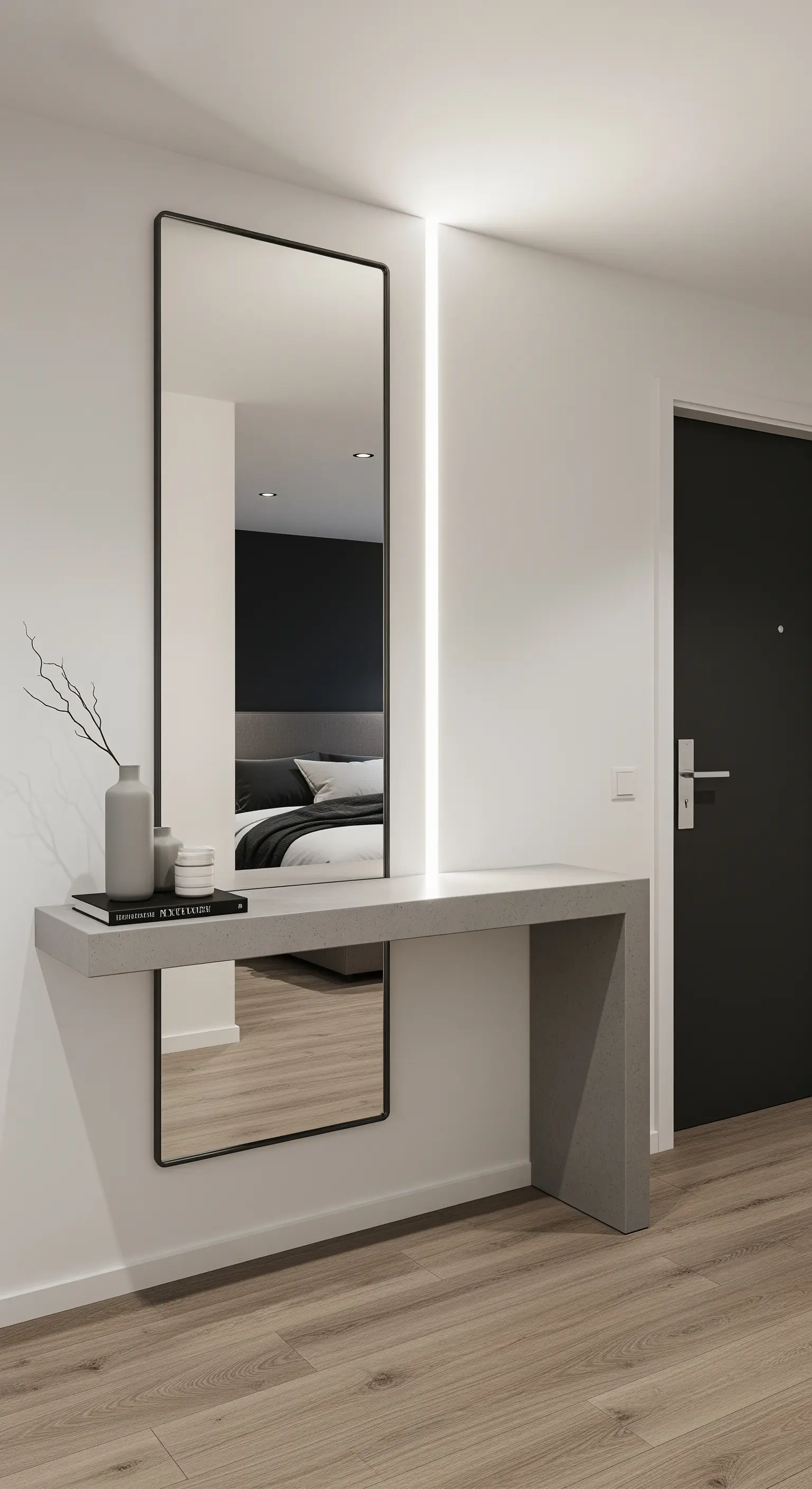 Consolle in microcemento con illuminazione a LED verticale integrata e specchio a tutta altezza.