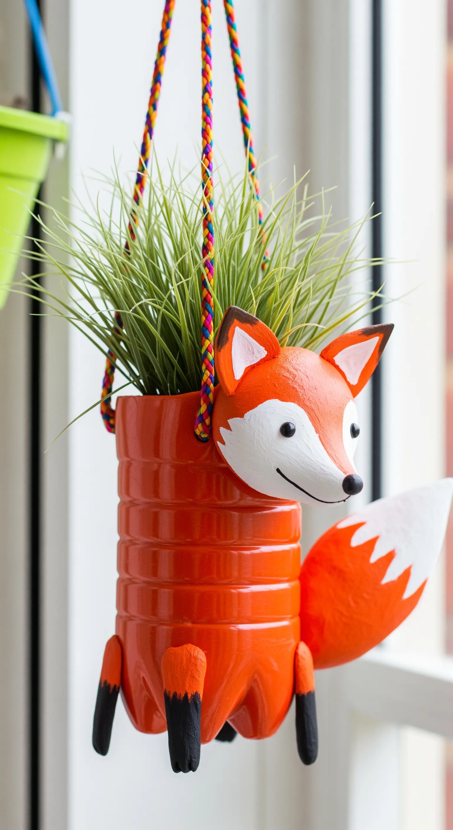 Fioriera arancione a forma di volpe, creata con una bottiglia di plastica e dettagli aggiunti.