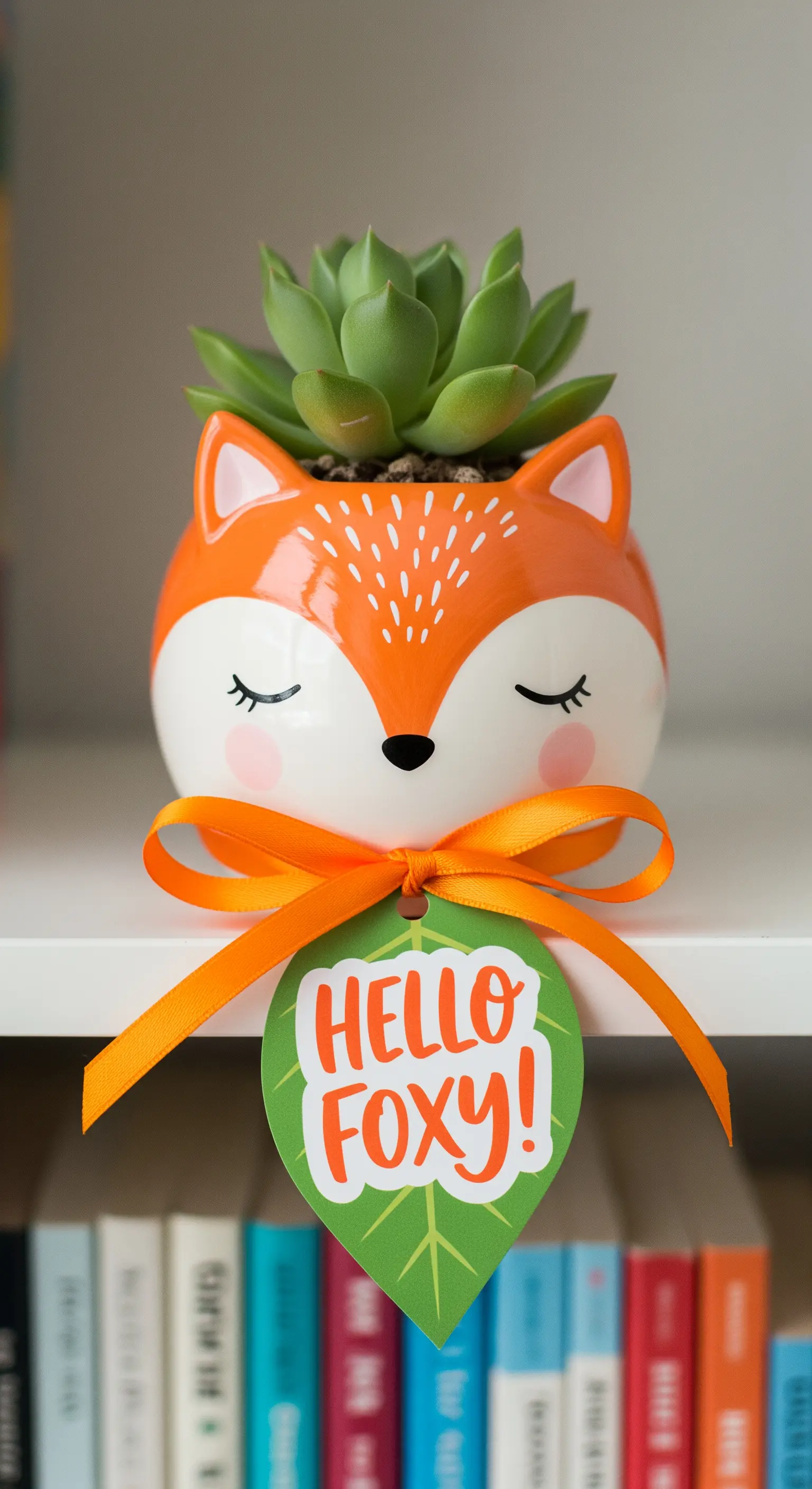 Vasetto in ceramica a forma di volpe con un nastro arancione e un'etichetta a foglia.