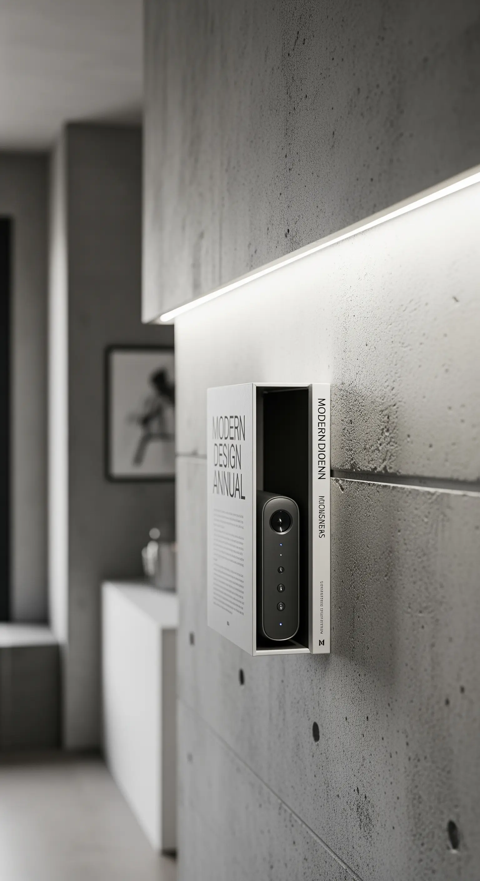 Libro dal design moderno svuotato per contenere un altoparlante portatile, su una parete di cemento.