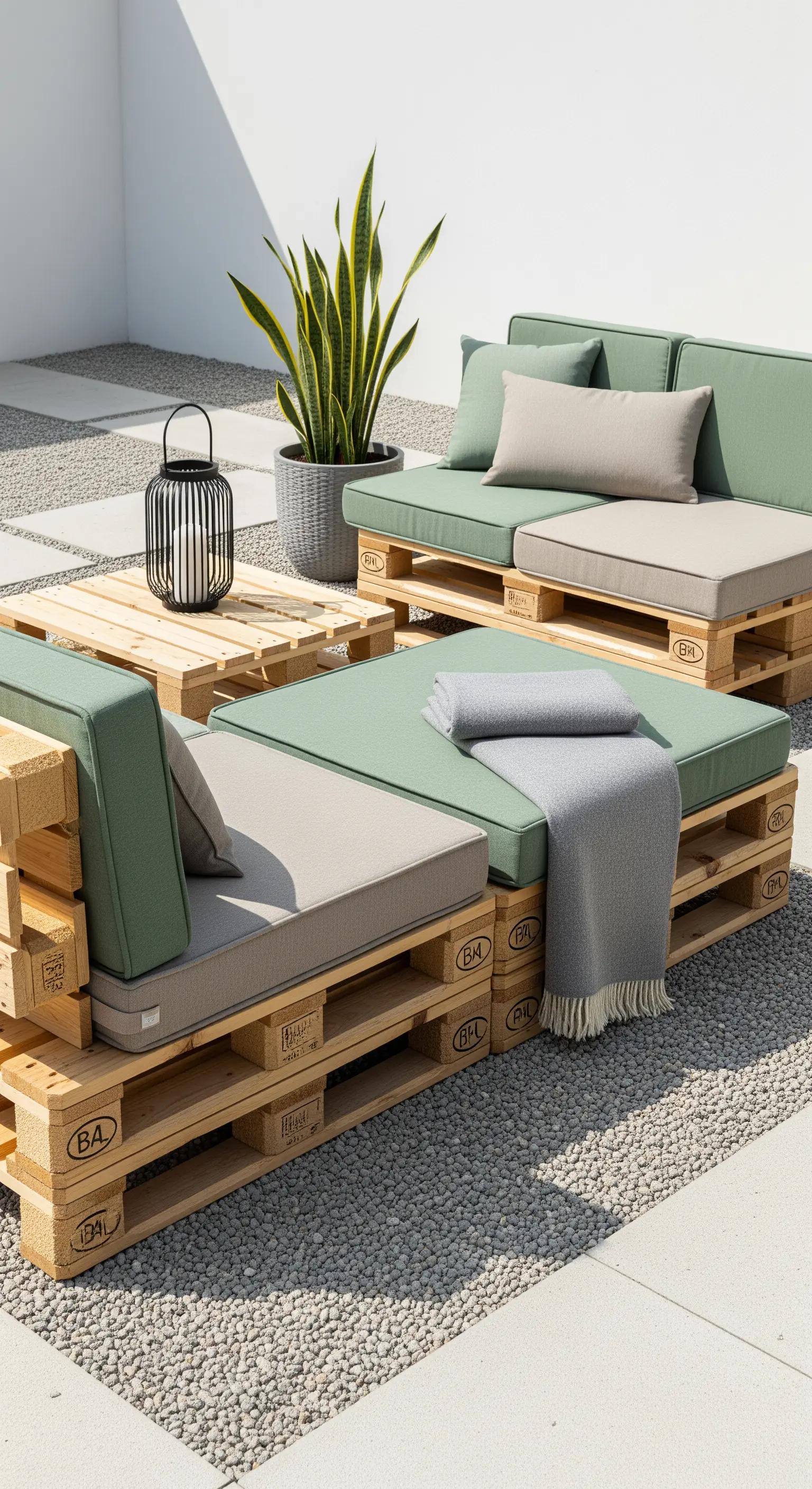 Salotto da giardino in pallet con cuscineria modulare verde salvia e grigio
