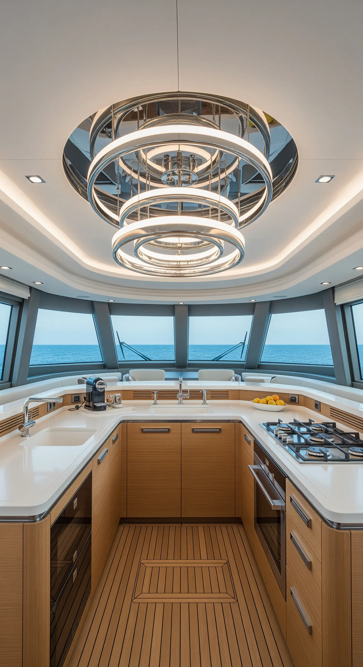 Cucina compatta su uno yacht con mobili in legno e un lampadario a LED con anelli cromati