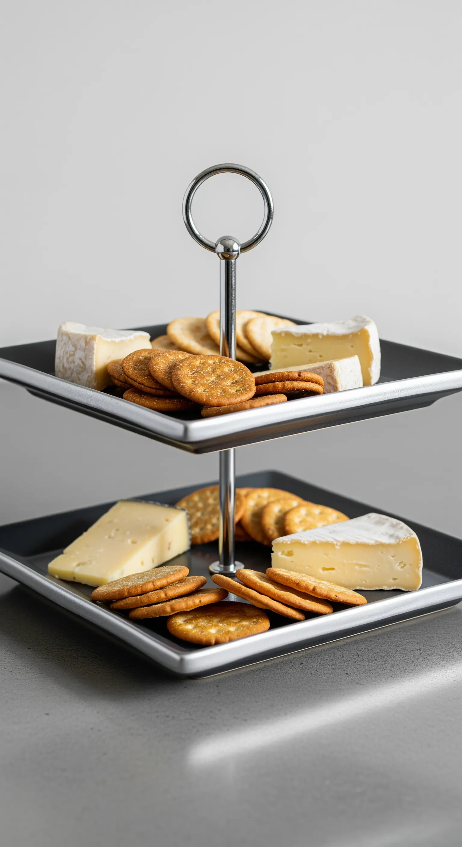 Alzata a due livelli con piatti quadrati neri e bianchi e struttura in metallo