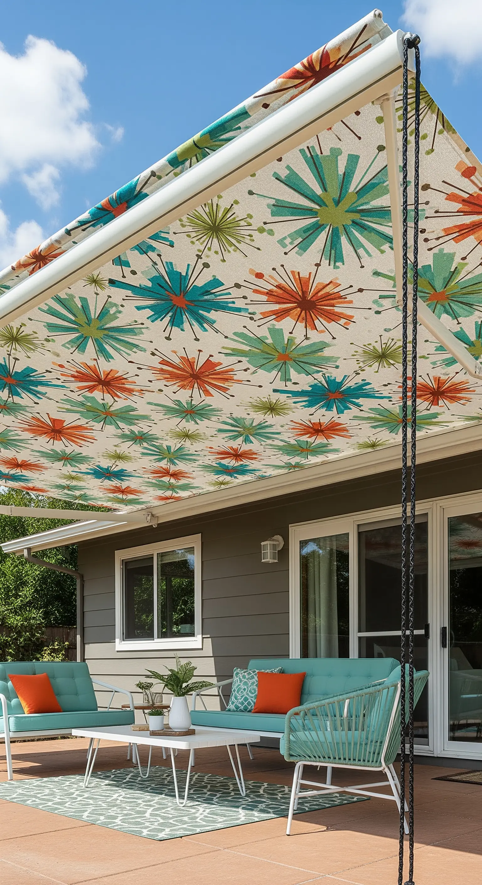 Tenda da sole retrattile con una vivace stampa di ispirazione mid-century modern.