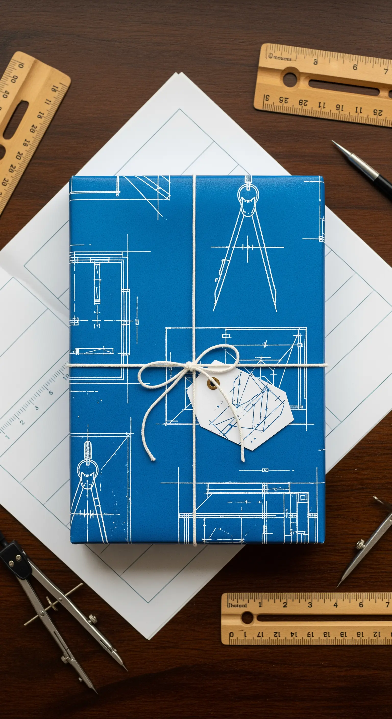 Regalo incartato in carta blu da cianografia, legato con spago bianco e strumenti da disegno.