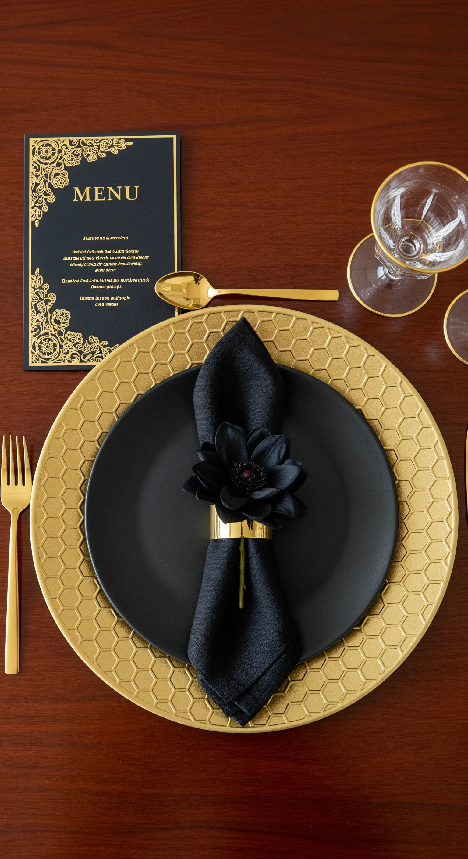 Dettaglio di un coperto nero e oro con sottopiatto a nido d'ape e un fiore nero.