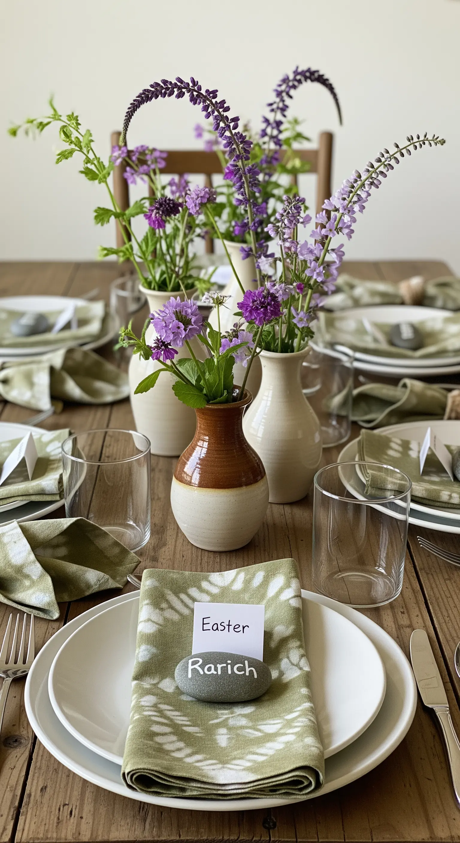 Segnaposto realizzato con un sasso di fiume su un tovagliolo verde tinto a mano