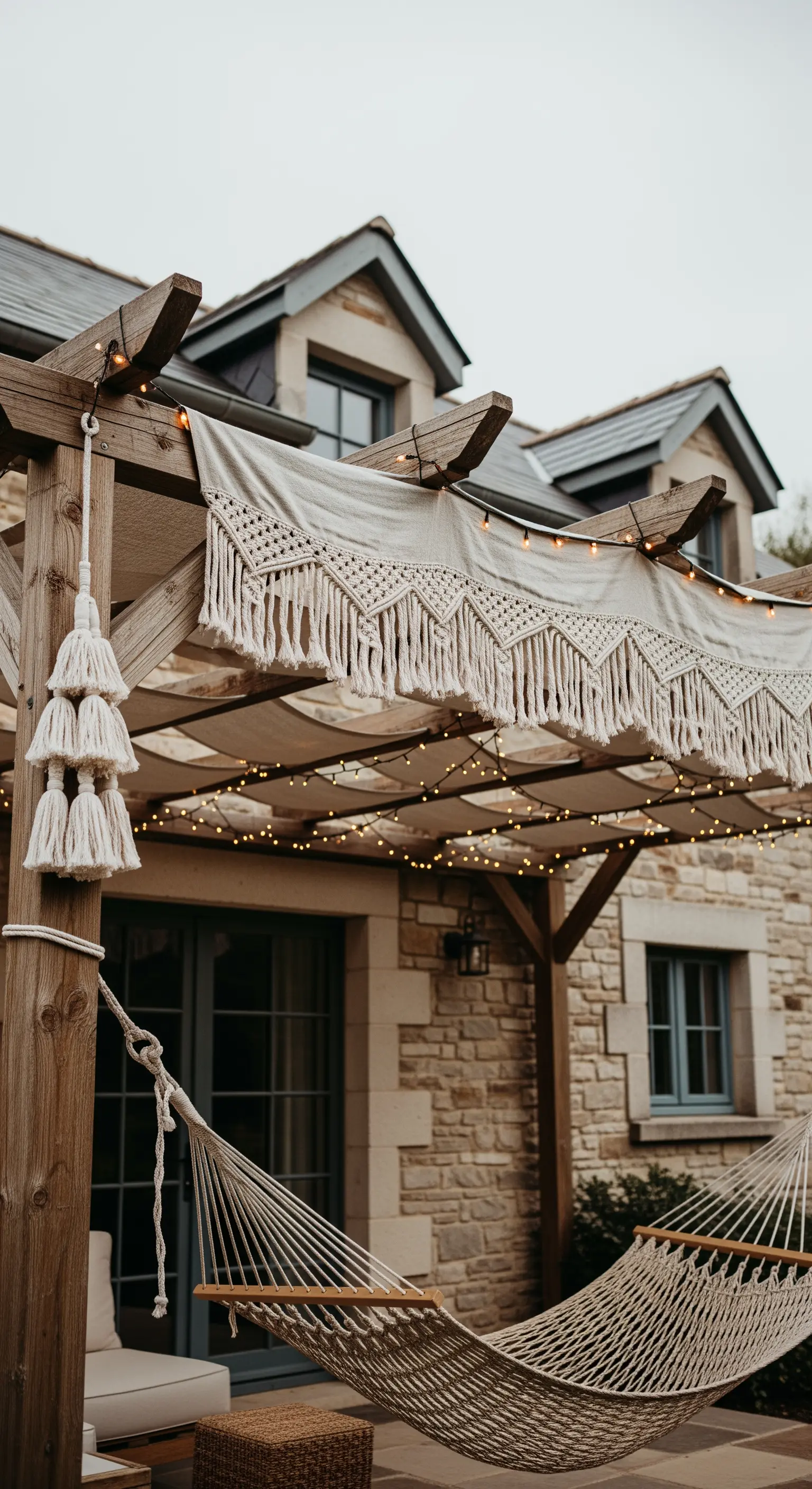 Pergolato in legno con decorazione in macramè, nappe e amaca.