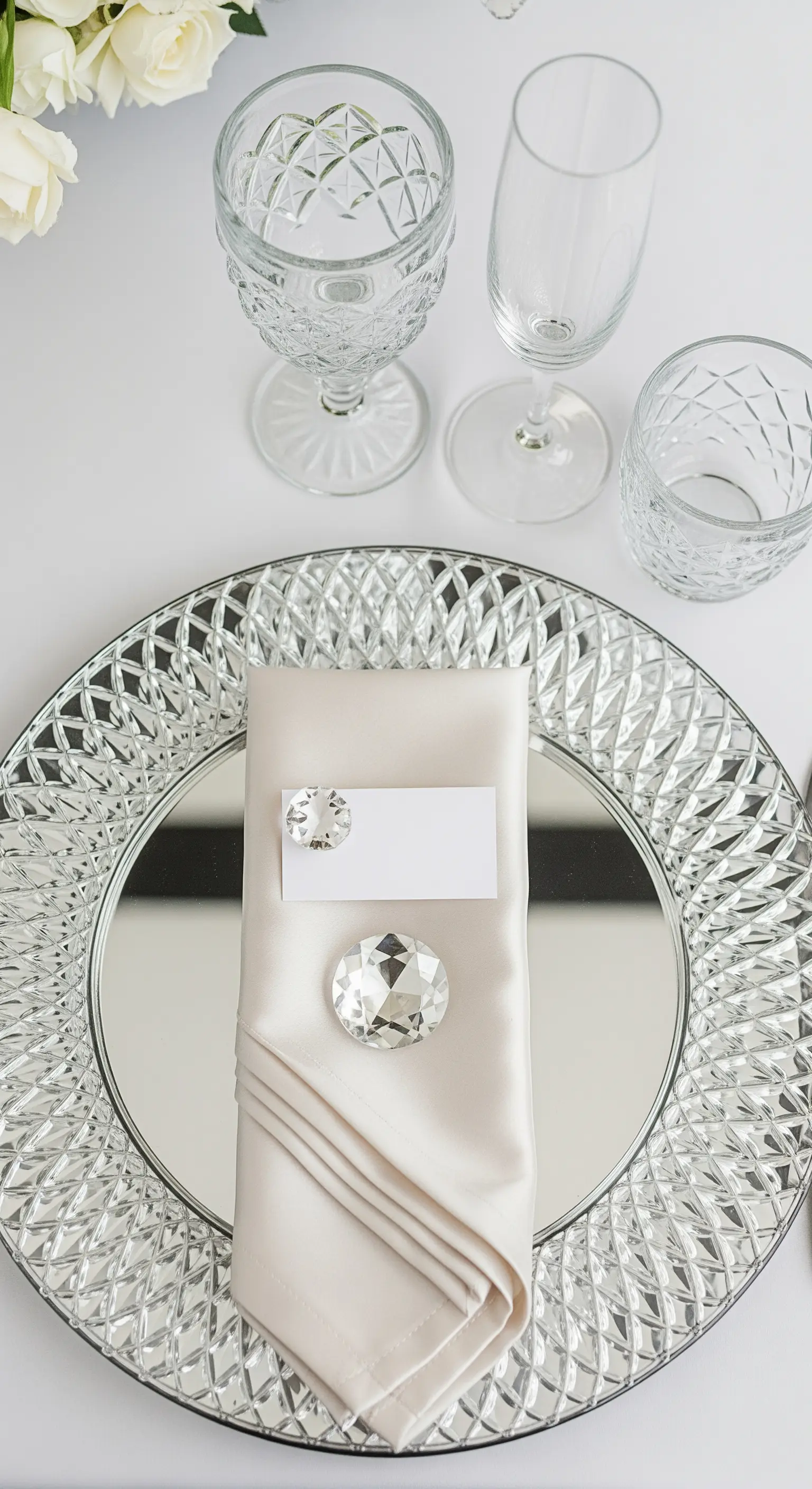 Sottopiatto a specchio con tovagliolo color crema e segnaposto con cristallo.