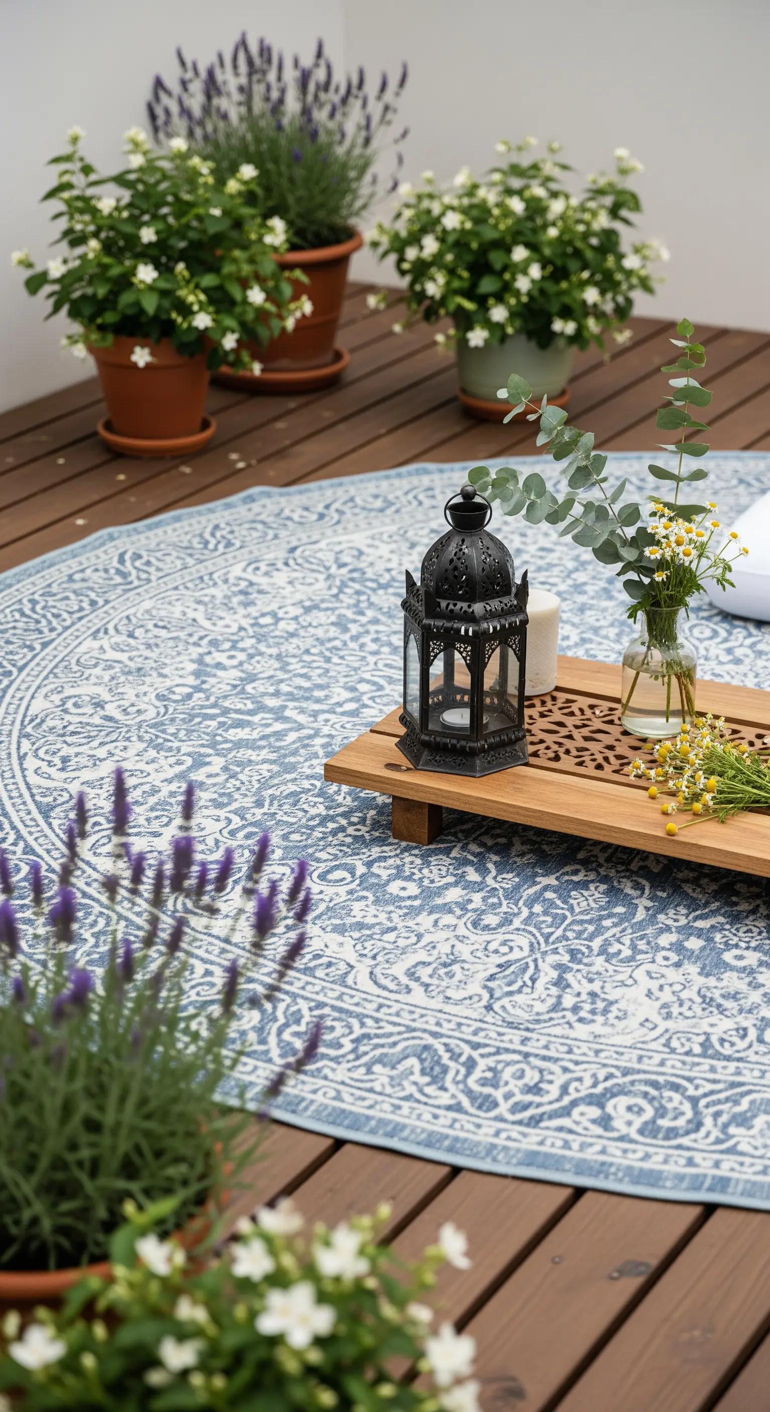 Dettaglio di un tappeto rotondo blu su un deck di legno, con lavanda e una lanterna.