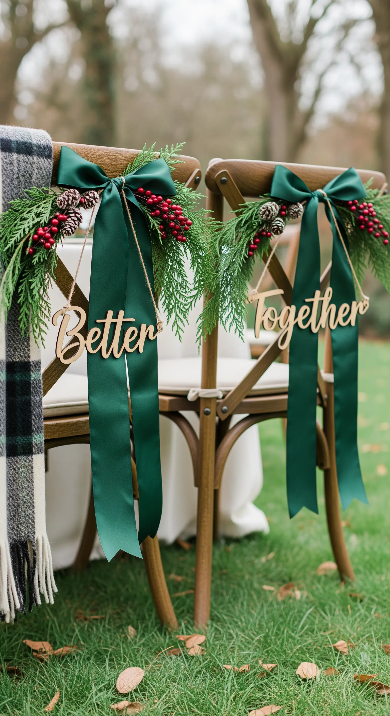 Sedie degli sposi decorate con scritte in legno “Better Together”, nastri verdi e bacche.