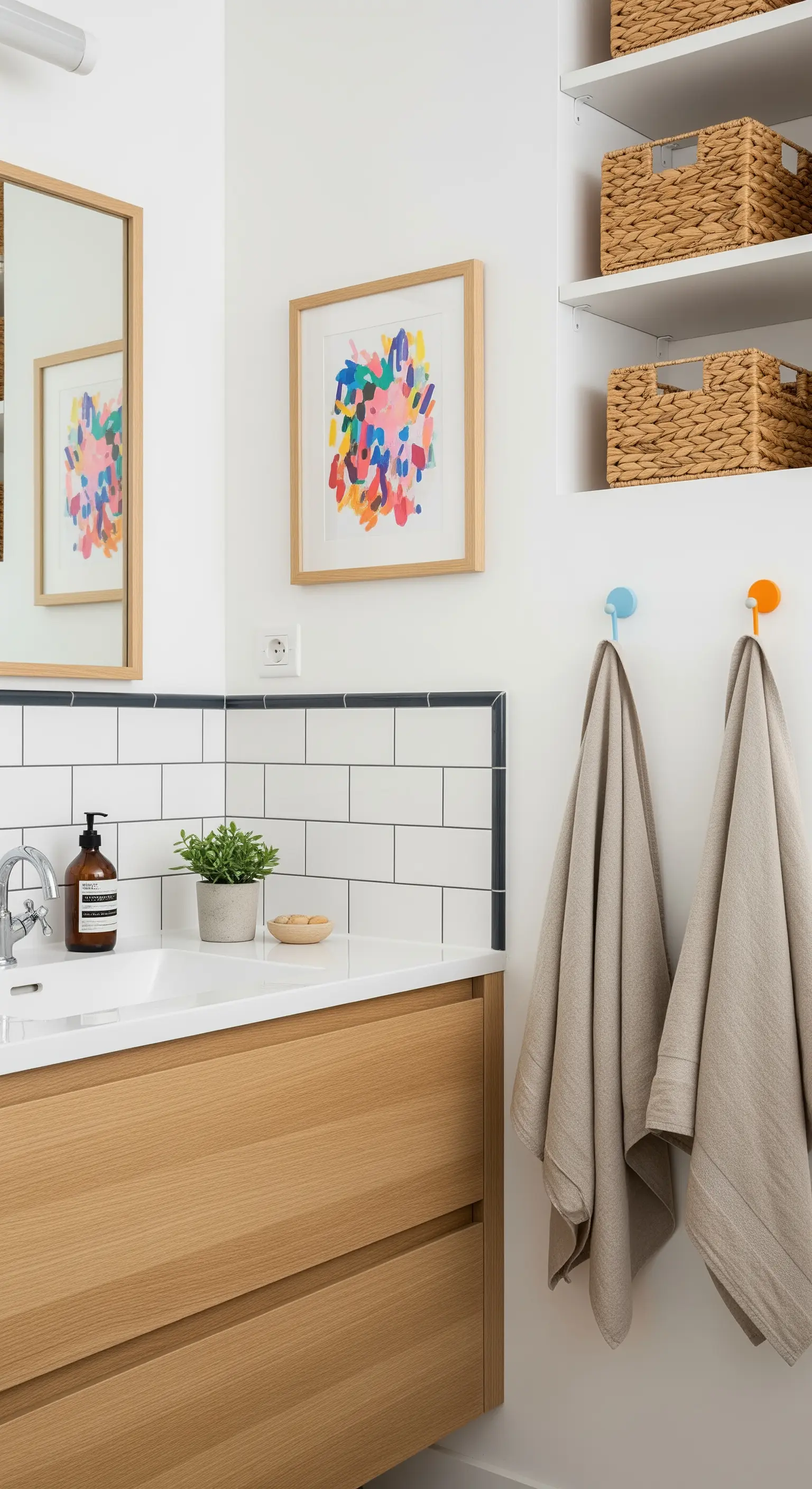 Bagno con mobile in legno, ganci colorati e quadro astratto alle pareti.