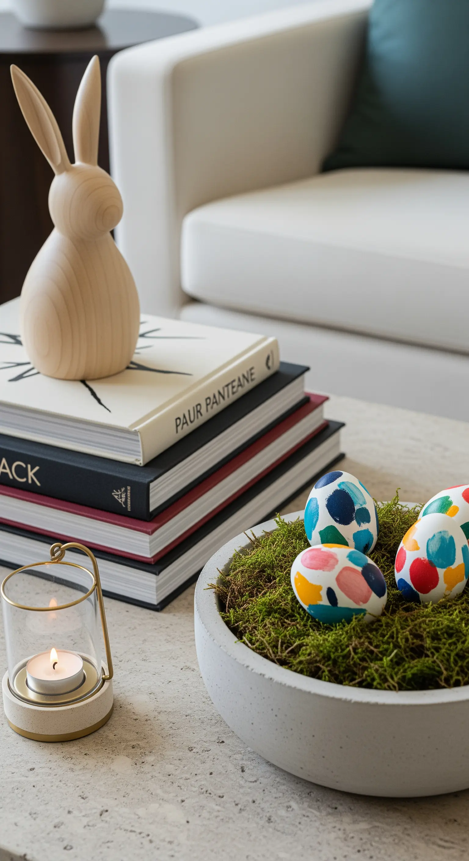 Tavolino da caffè con decorazioni pasquali moderne: coniglio in legno, uova dipinte e lanterna.