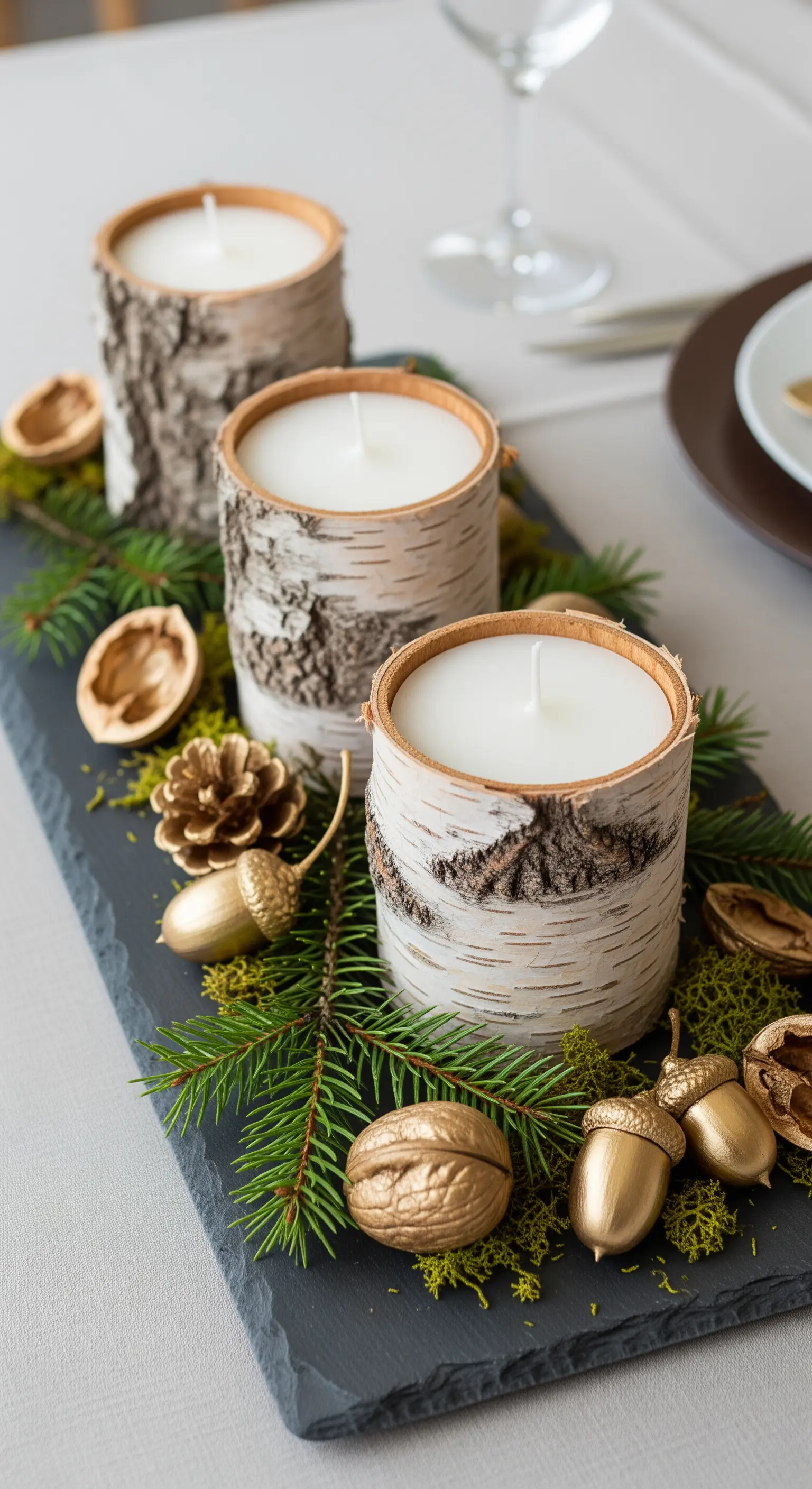 Centrotavola rustico con candele in corteccia di betulla e noci dorate su ardesia.