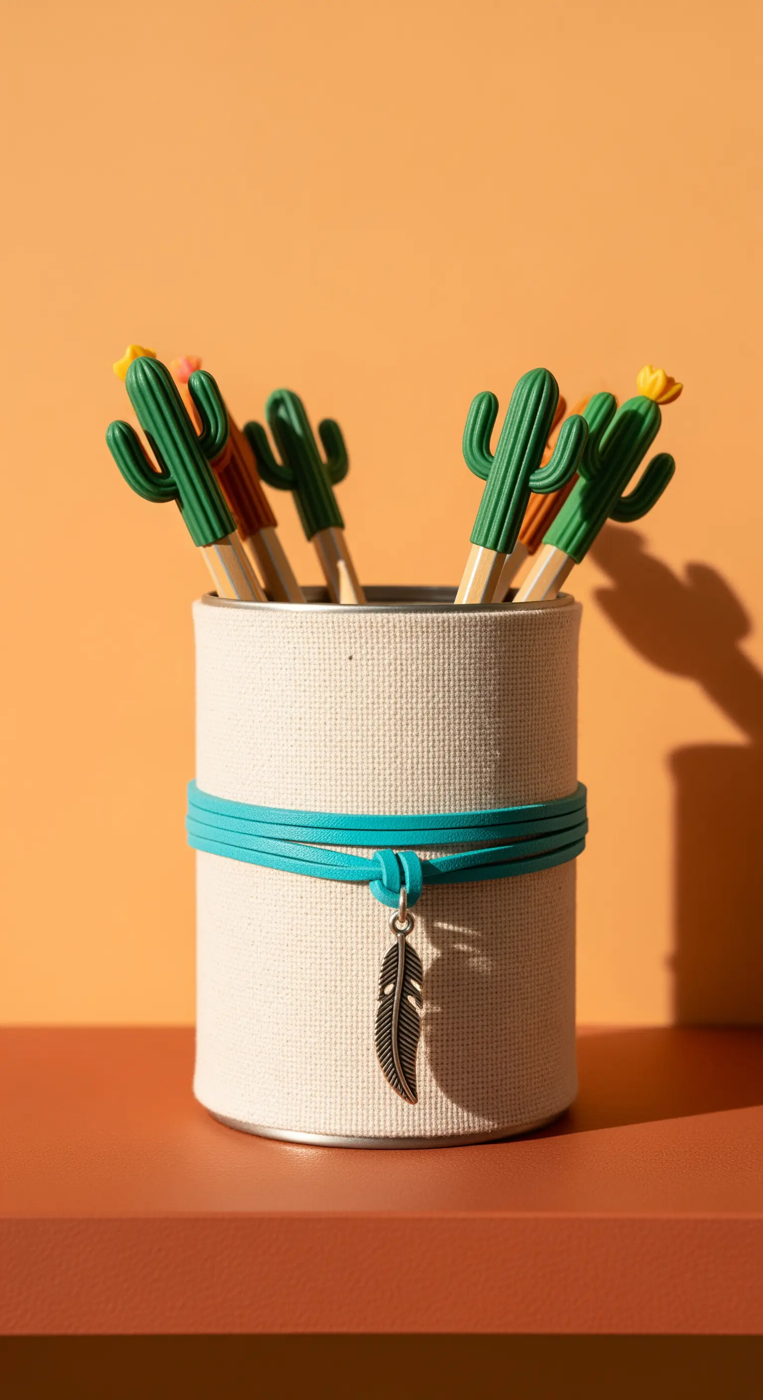Portapenne in tela grezza, decorato con un laccio turchese e un ciondolo a piuma.