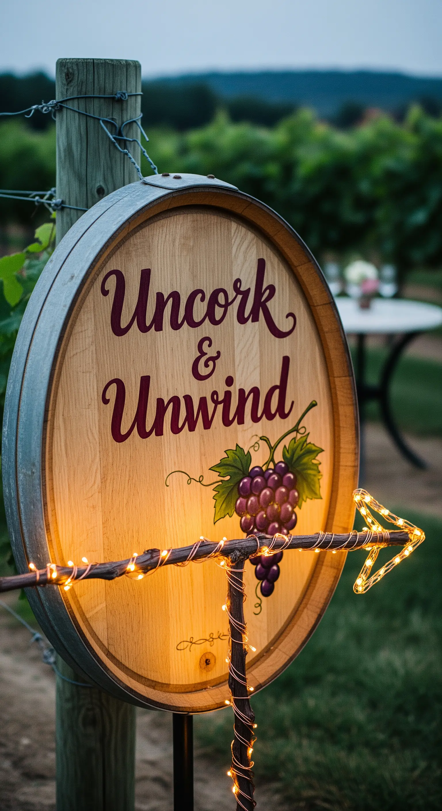 Coperchio di botte da vino con scritta e freccia fatta di rami intrecciati con lucine.