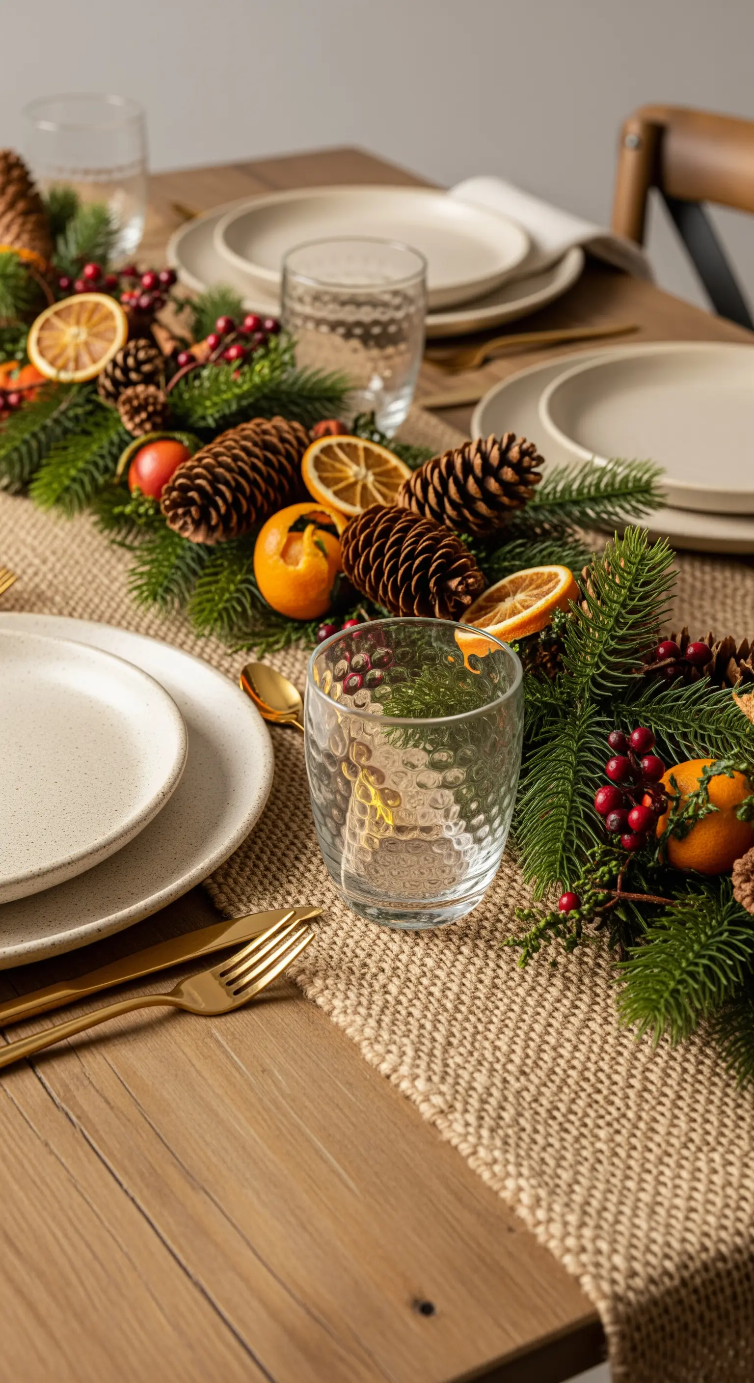 Close-up di una tavola rustica con posate dorate, runner in juta e ghirlanda di pino