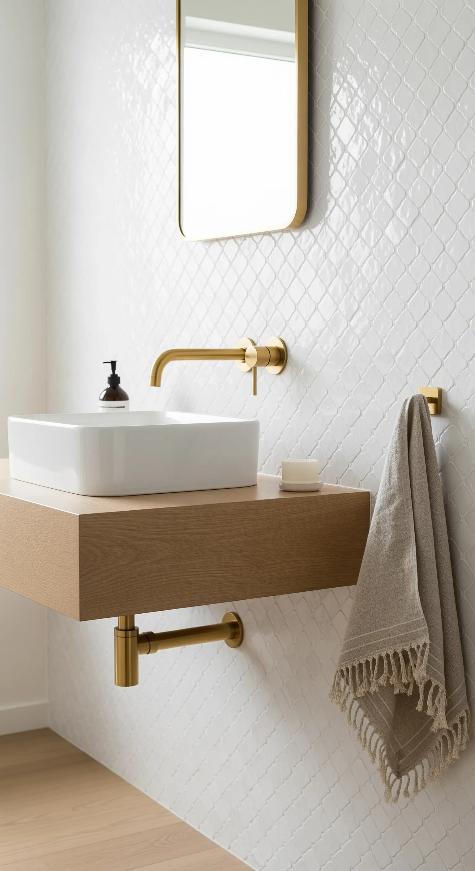 Dettaglio di un lavabo con rubinetteria a parete in ottone spazzolato e piastrelle lucide.