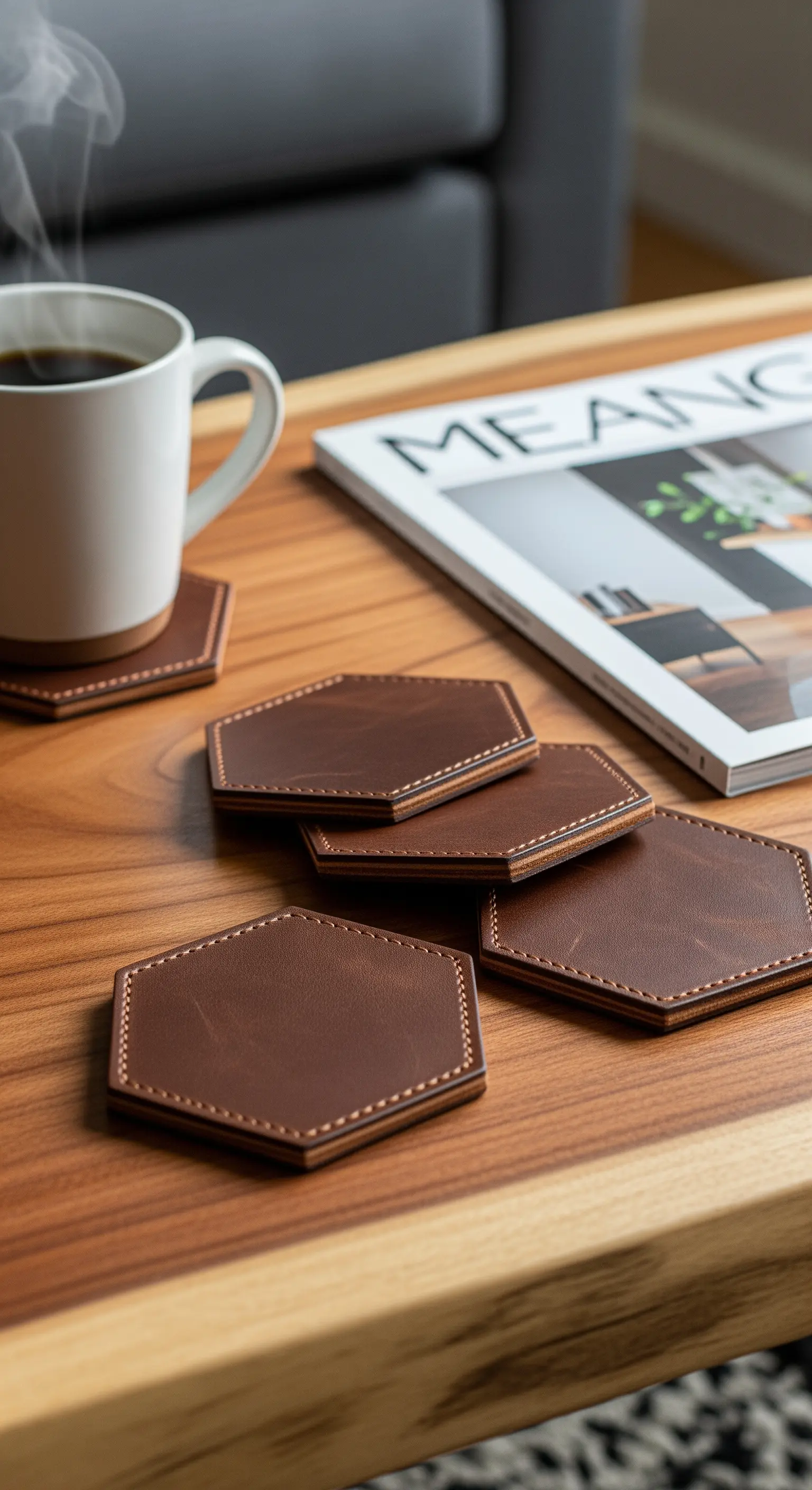 Sottobicchieri esagonali in pelle marrone con cuciture a vista su un tavolo di legno.