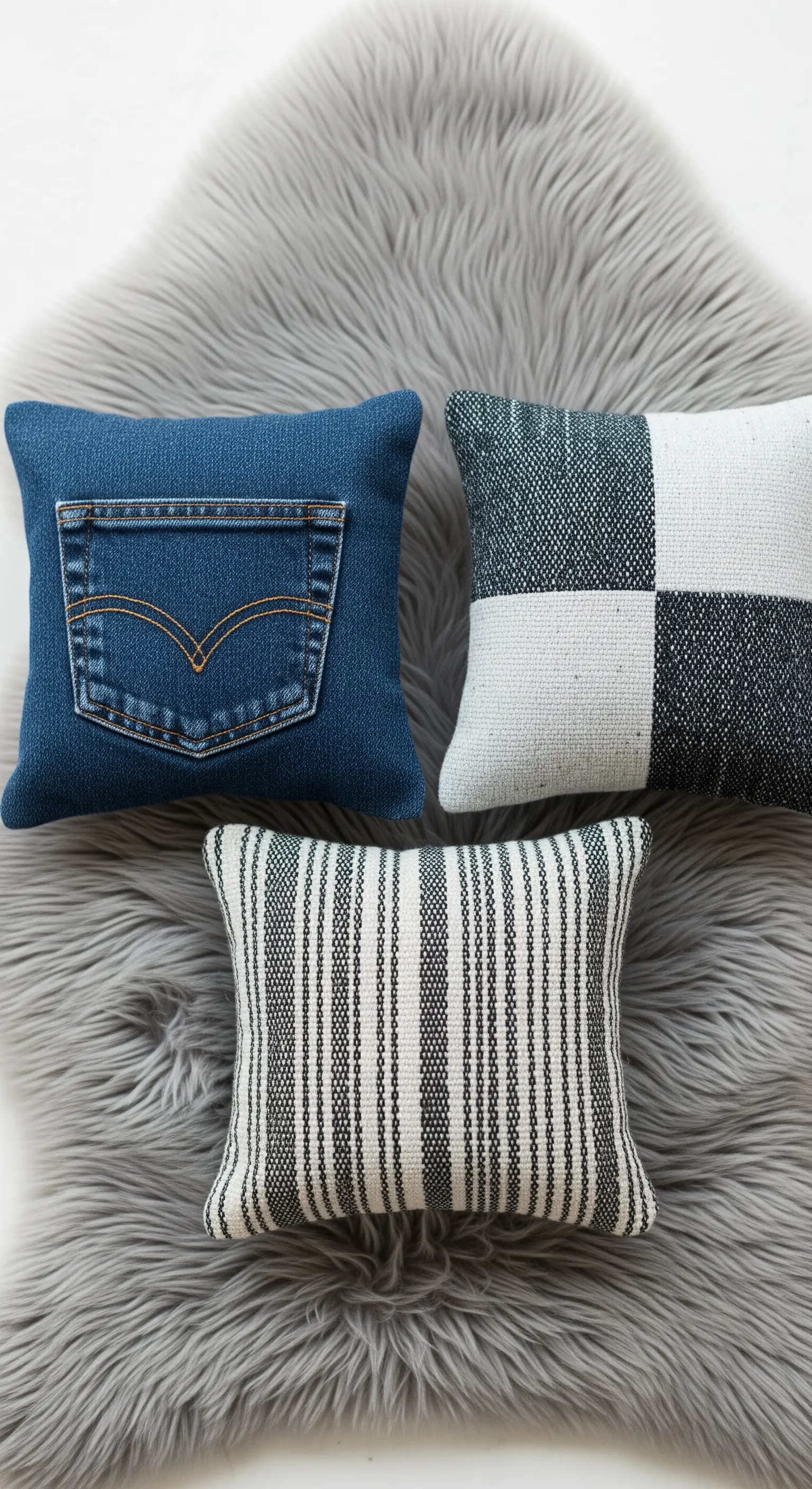 Tre piccoli cuscini d'accento, uno in denim con tasca, gli altri a righe e a scacchi.