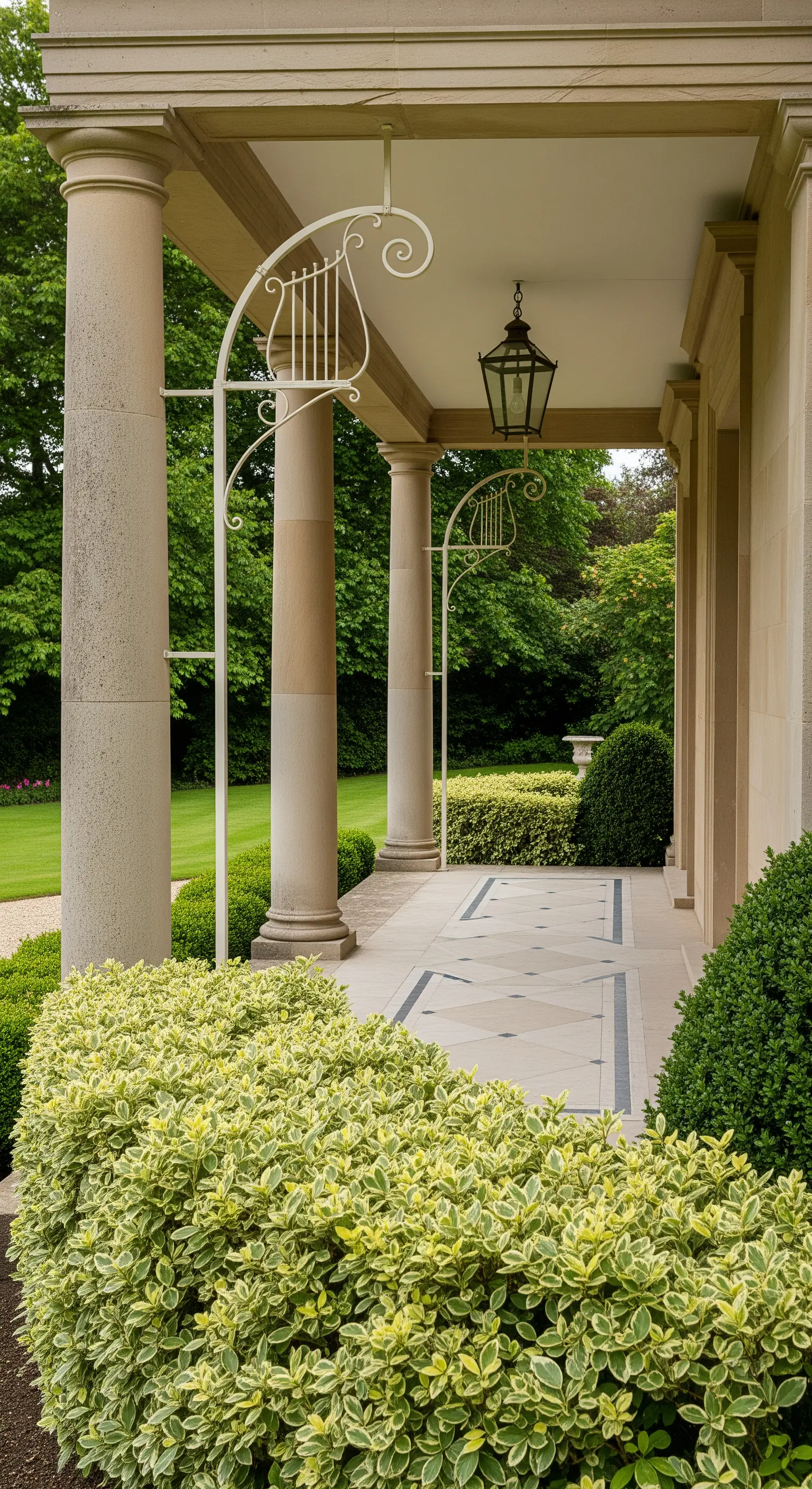 Portico con colonne semplici impreziosito da staffe decorative in ferro bianco a forma di lira.