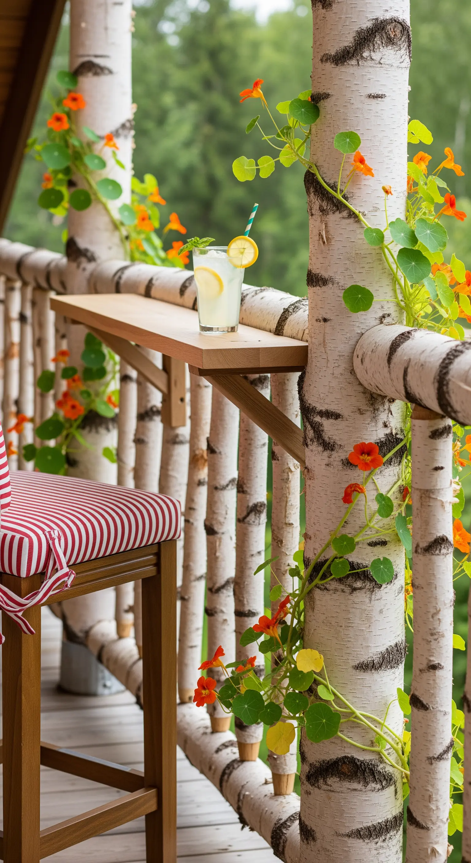 Ripiano pieghevole in legno montato su una ringhiera in betulla, con uno sgabello a righe.