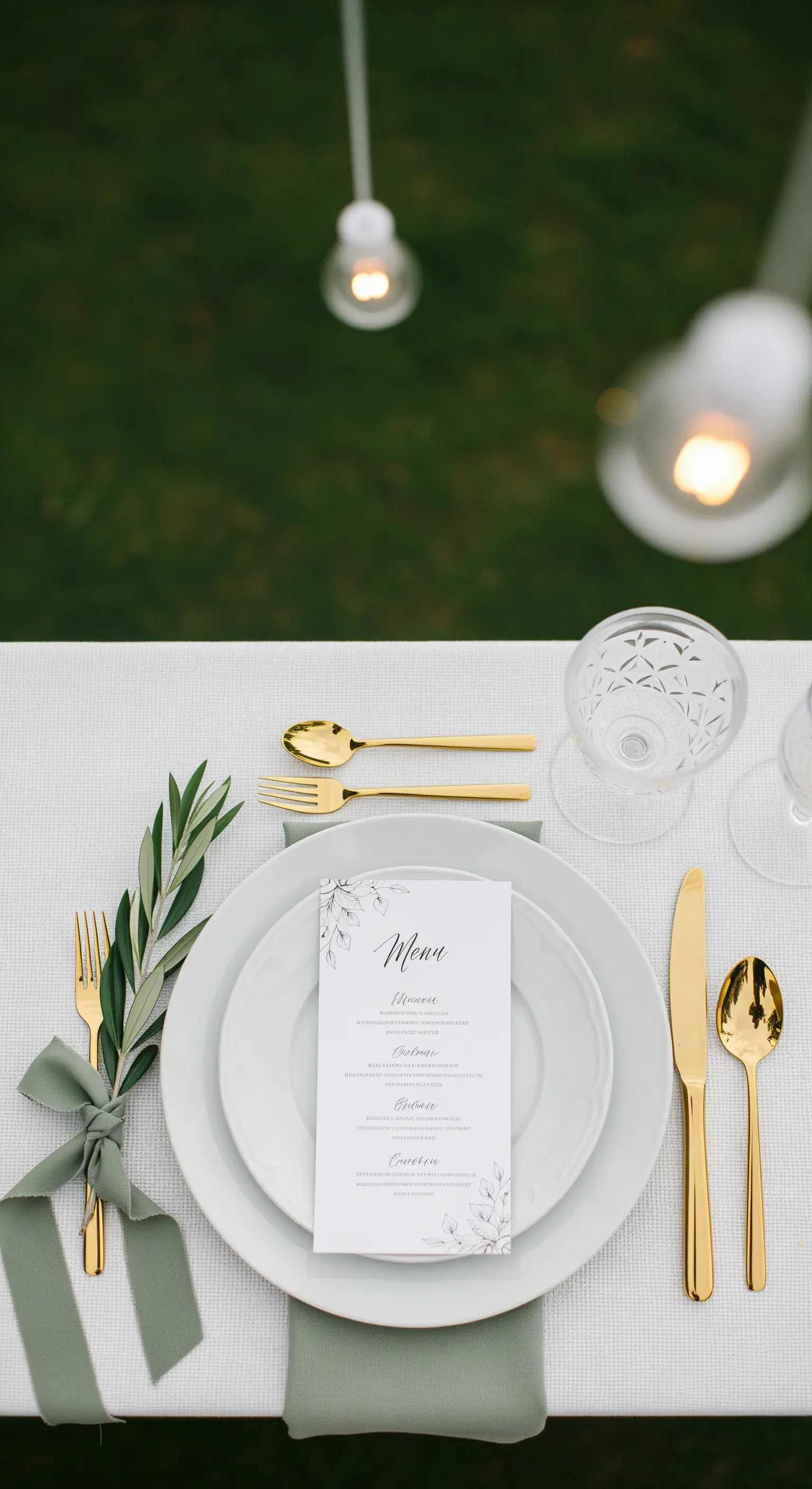 Mise en place minimalista con posate dorate, tovagliolo verde salvia e un rametto d'ulivo.