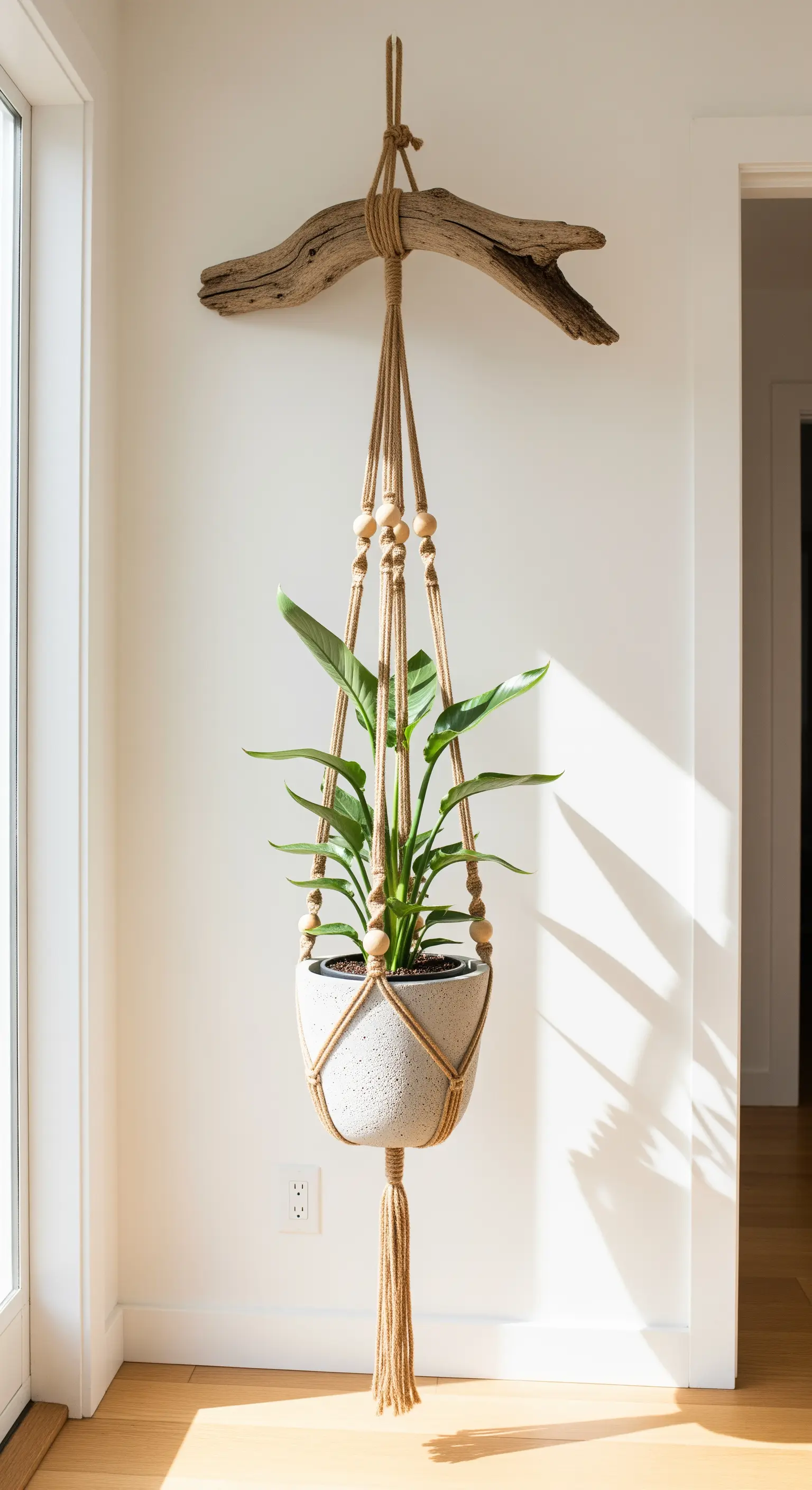 Portavasi in macramè con perline di legno, appeso a un ramo levigato fissato al muro.