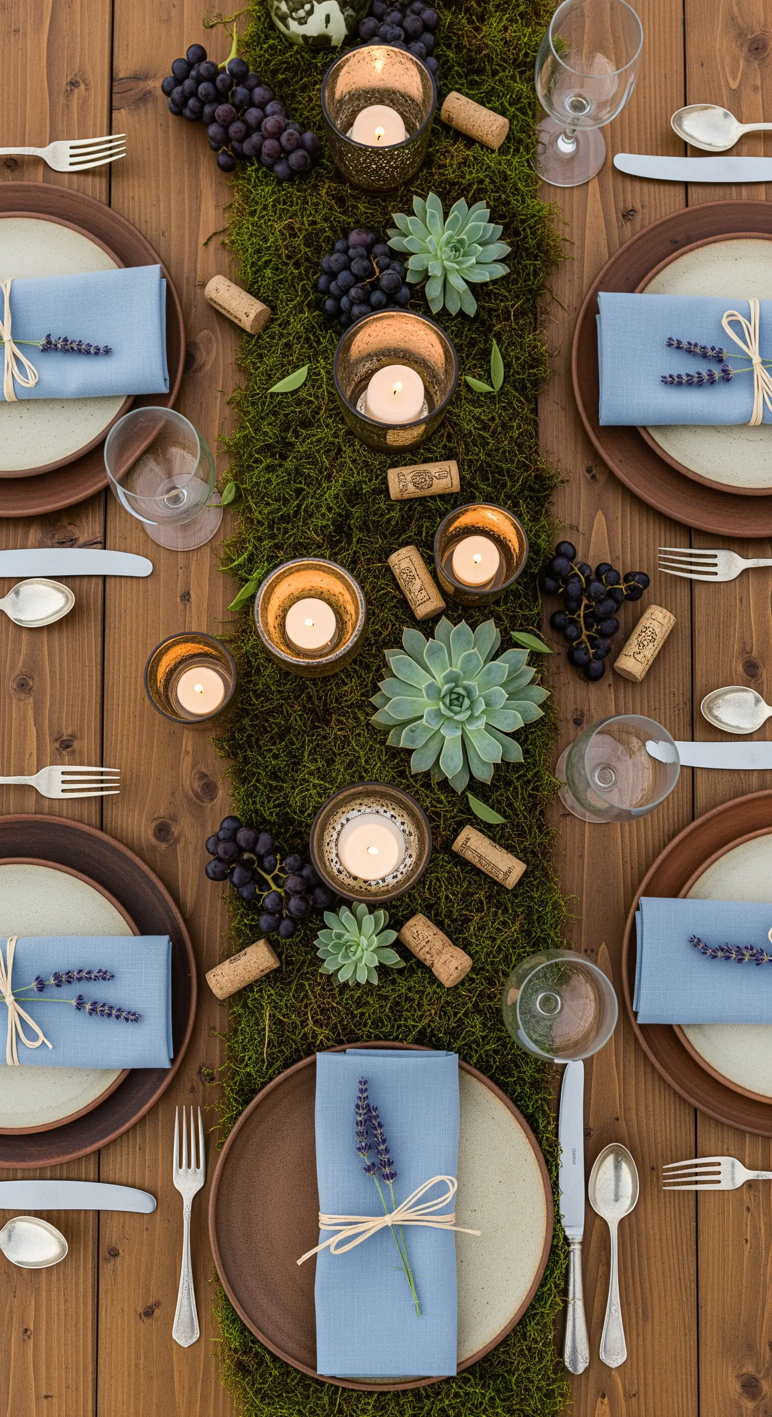 Mise en place con runner di muschio, uva, tappi di sughero e tovaglioli color lavanda.