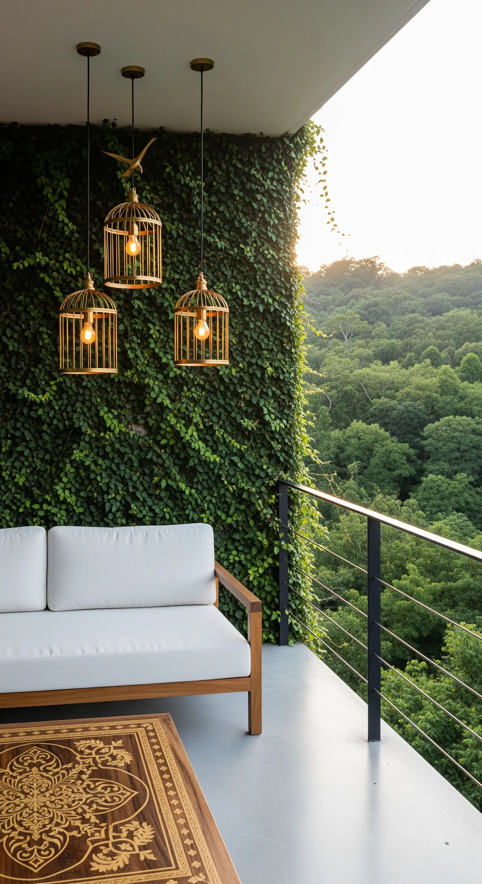 Balcone con vista bosco, divano bianco, e tre lampade dorate a forma di gabbia per uccelli.
